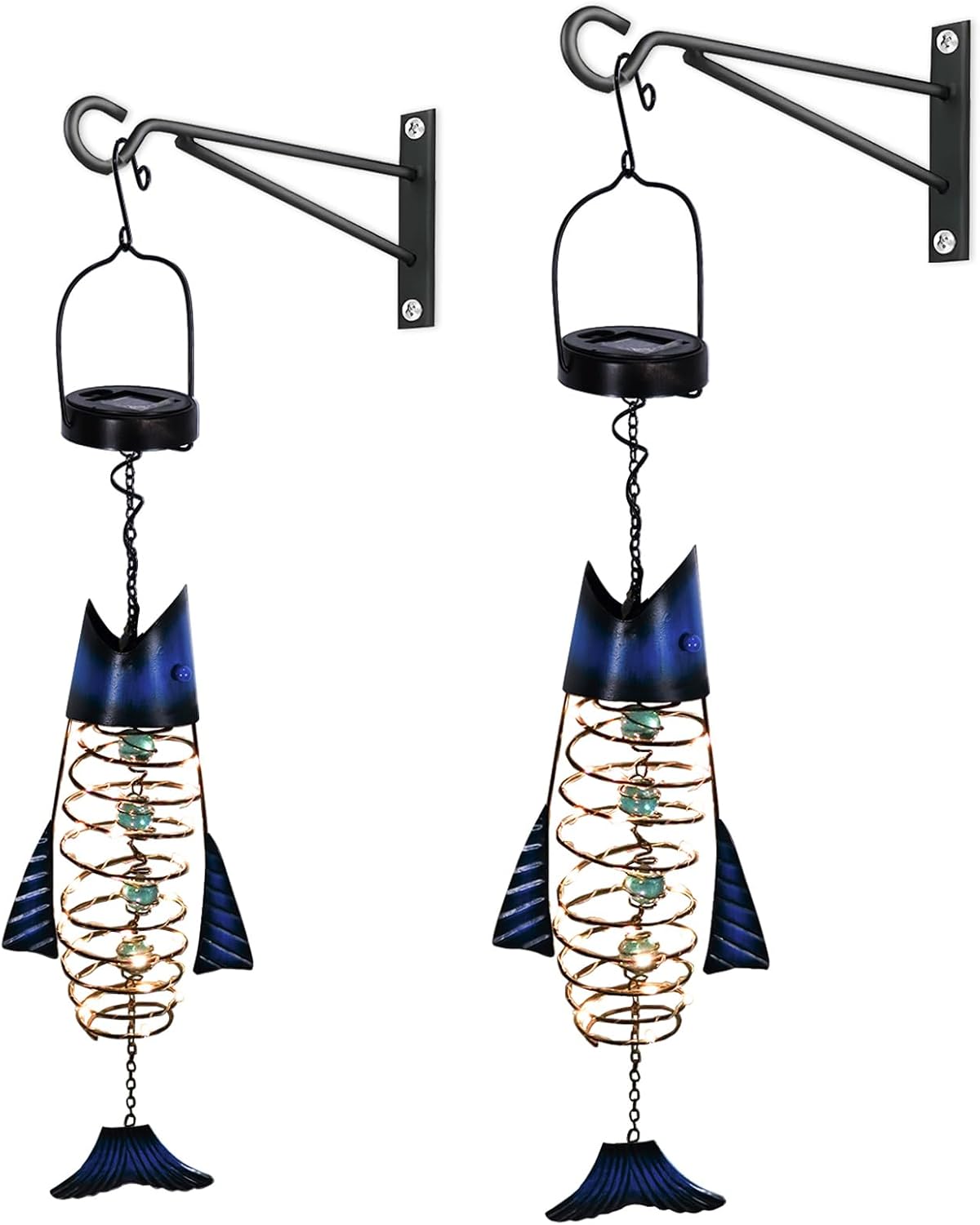 HONGLAND Paquete de 2 faroles solares para exteriores  Decoración colgante de peces de metal  Luces LED cálidas impermeables para exteriores