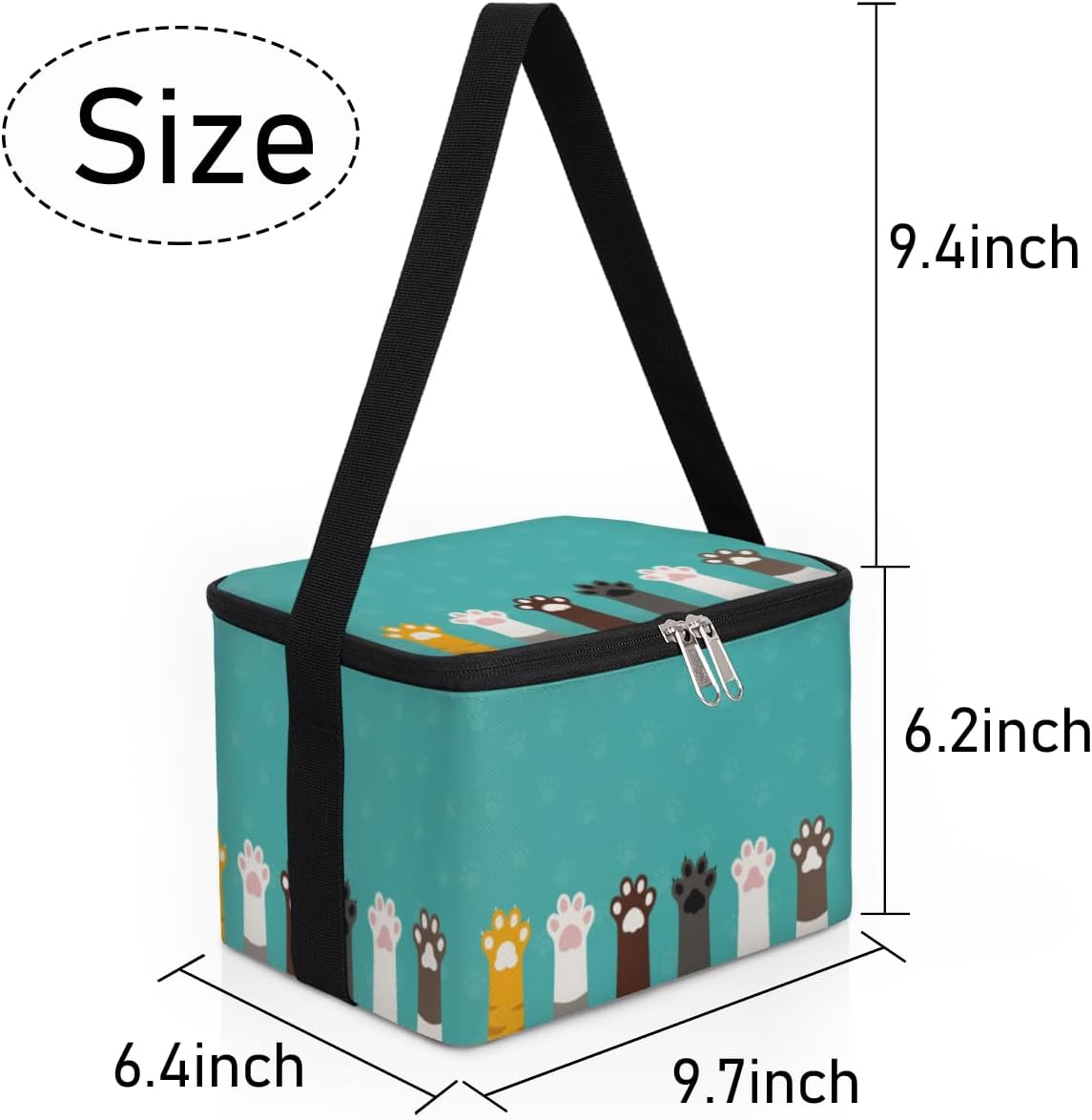 Lonchera con estampado de patas de gato, aislada, reutilizable, grande, con hombro ajustable y cremallera, bolsa de lona para oficina, trabajo,