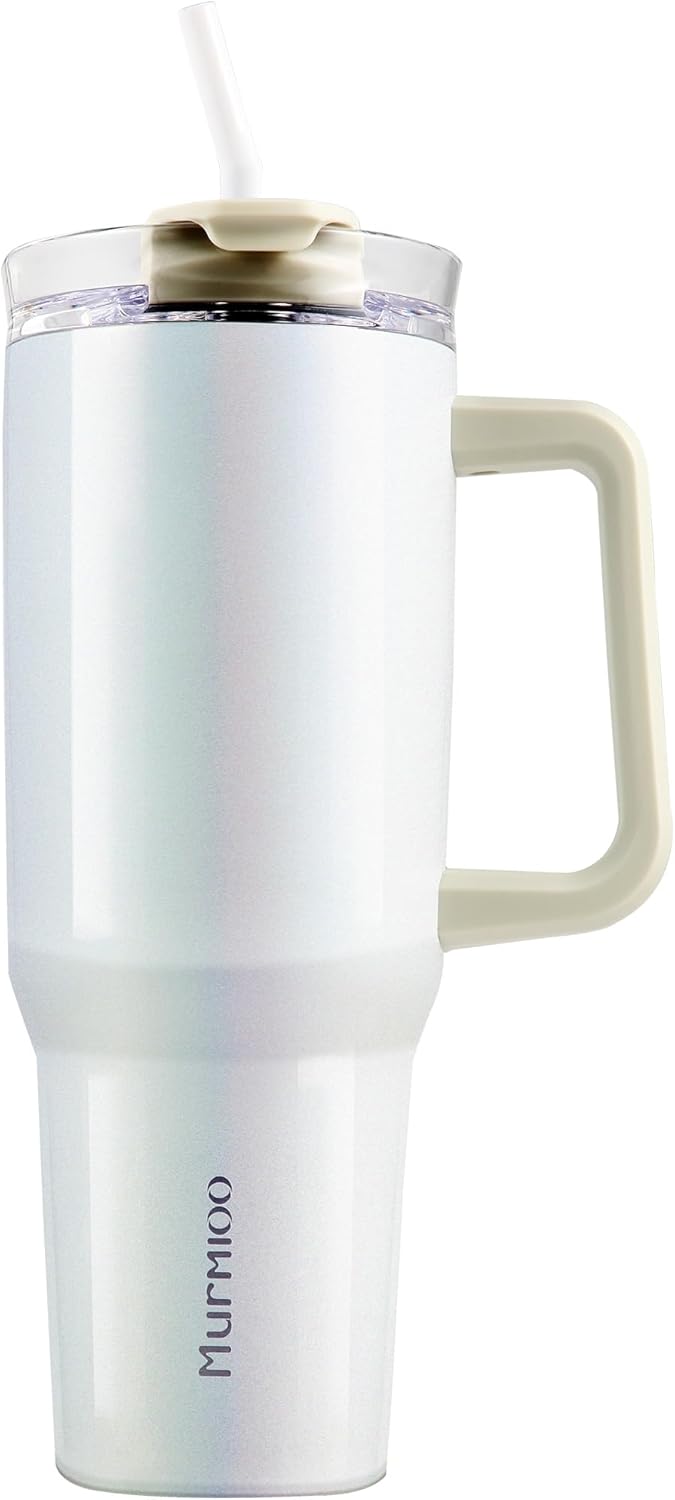 Murmioo Vaso de 40 onzas con asa y popote, taza de viaje de acero inoxidable de doble pared aislada a prueba de fugas, mantiene el frío, el calor y