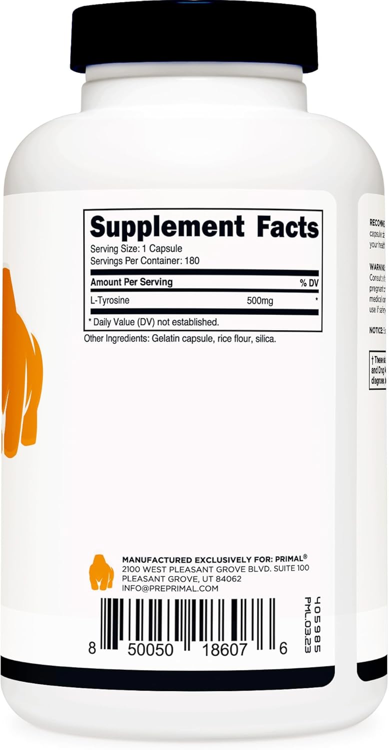 Primal Cápsulas de L-tirosina (180 cápsulas500 mg por porción)  Suplemento de aminoácidos de tirosina