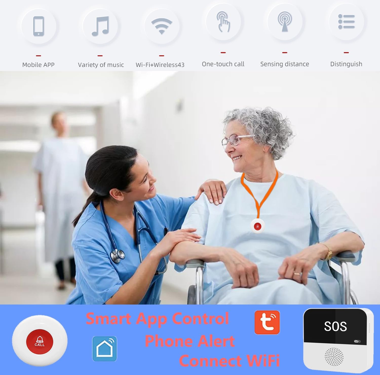 DwyenSlo Sistema de botón de llamada WiFi para cuidador, alerta de aplicación inteligente, botón de llamada de emergencia, alerta de ayuda personal