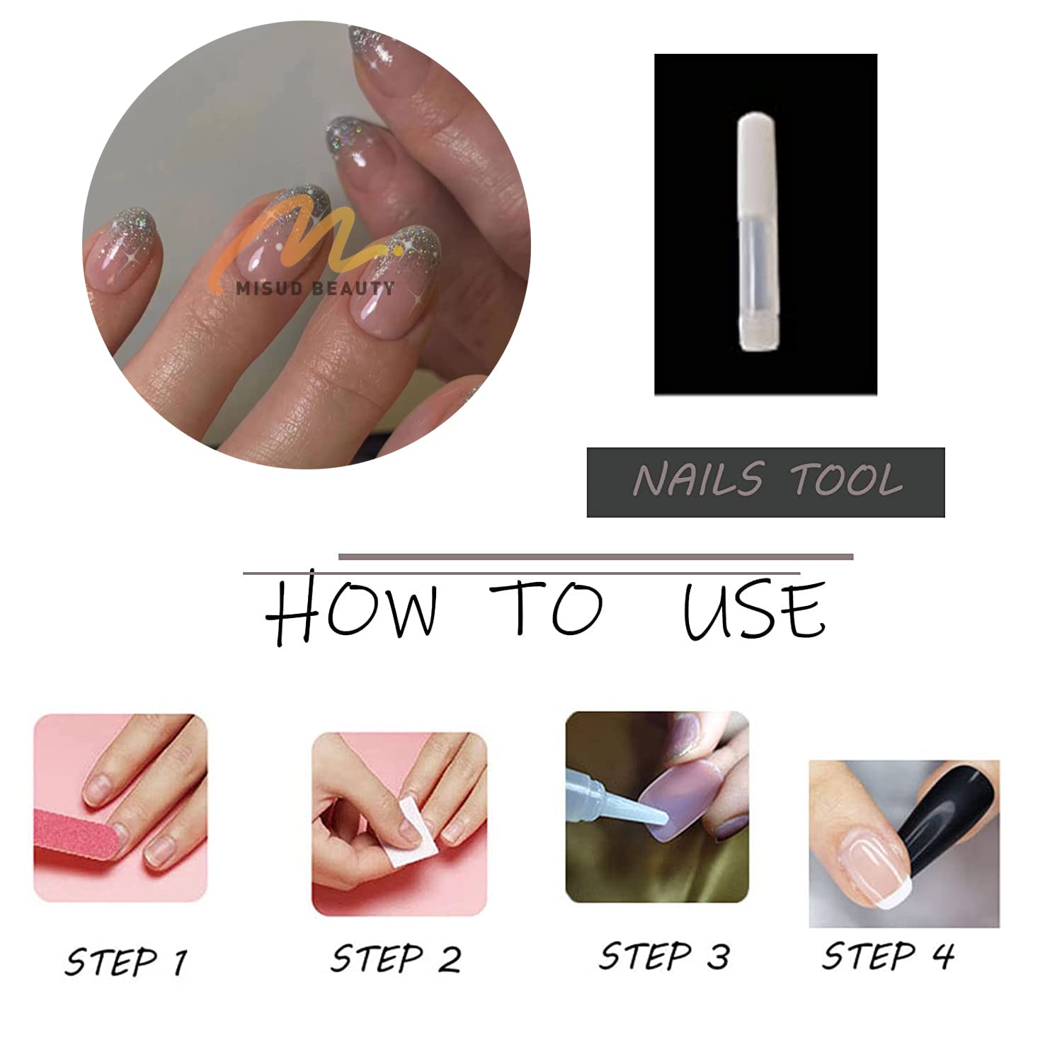 MISUD Uñas postizas cortas redondas a presión, ovaladas, con pegamento brillante, uñas acrílicas brillantes con purpurina, uñas artificiales con
