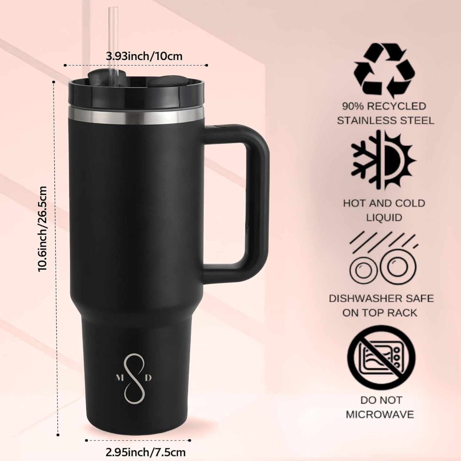 MPDA – Vaso de 40 onzas con asa y tapa con pajilla, vasos aislados de acero inoxidable, botella de agua de viaje, taza de café reutilizable para