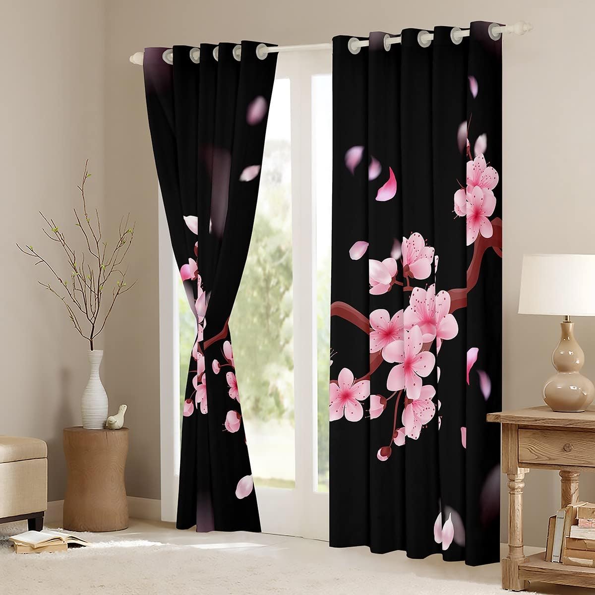Feelyou Cortinas opacas de 30 % a 50 % de flores de cerezo, cortinas de estilo japonés para niños y niñas, cortinas florales botánicas para
