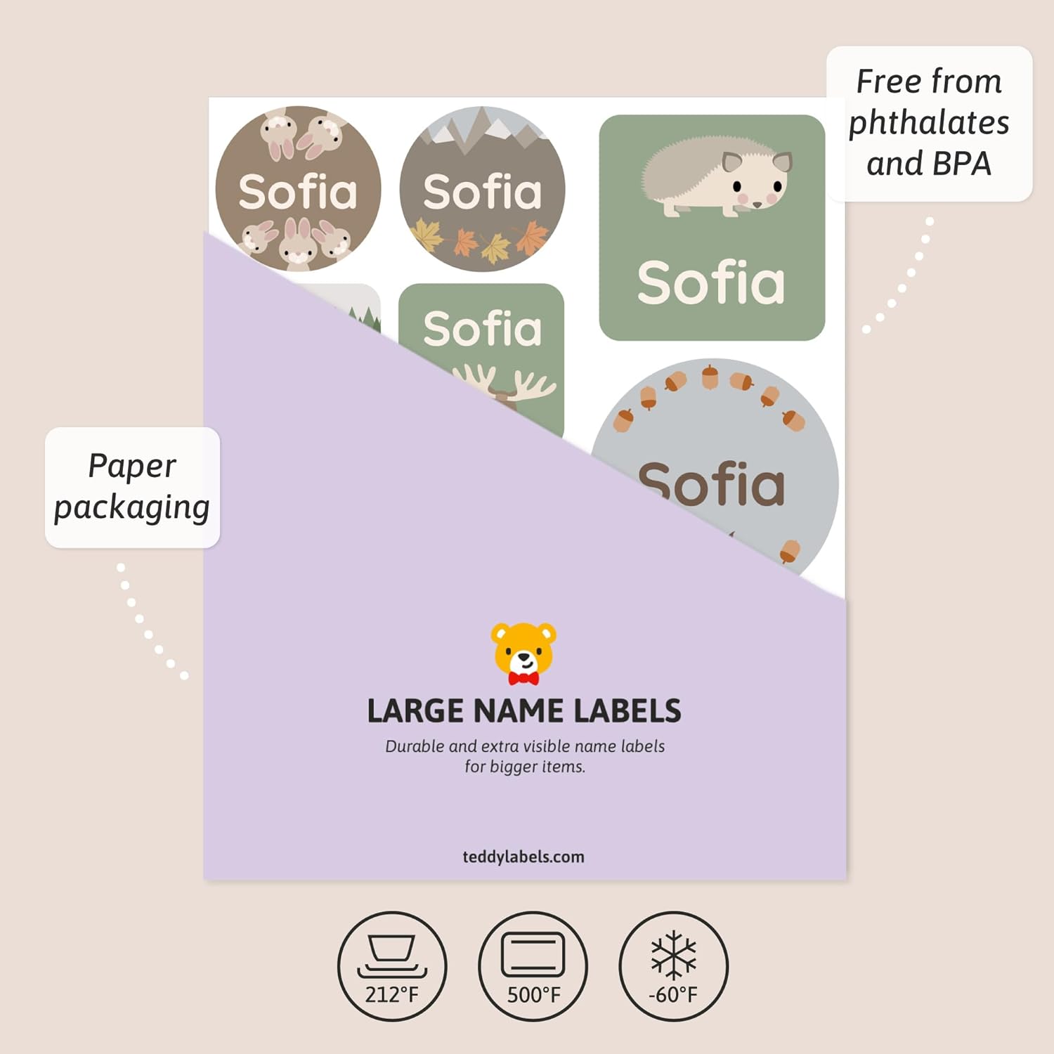 Teddylabels – 33 etiquetas de nombre grandes para niños – Calcomanías para la escuela y el cuarto del bebé – Perfectas para loncheras y botellas de
