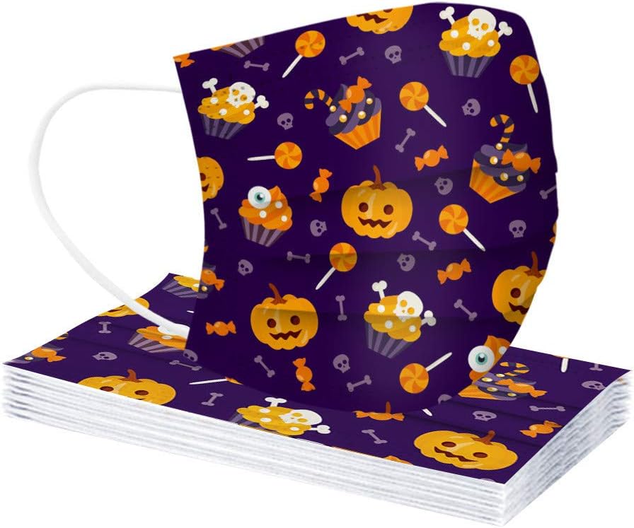 Paquete de 50 mascarillas desechables de Halloween para adultos con estampado de calabaza, 3 capas transpirables de Halloween para mujeres y hombres