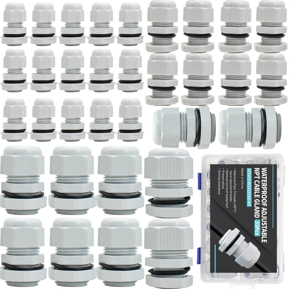 Juego de 33 conectores de cable impermeables de plástico tipo NPT de 14 pulgadas, 38 pulgadas, 12 pulgadas, 34 pulgadas (33 unidades, blanco)