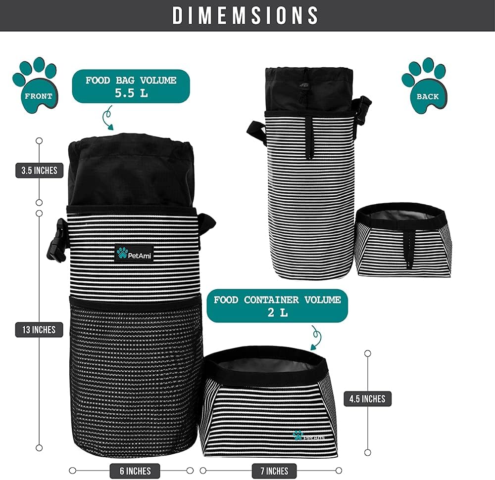 PetAmi Bolsa de viaje de comida para perros  Transportador de croquetas para perros con kit de cuencos de agua plegables para perros  Almacenamiento