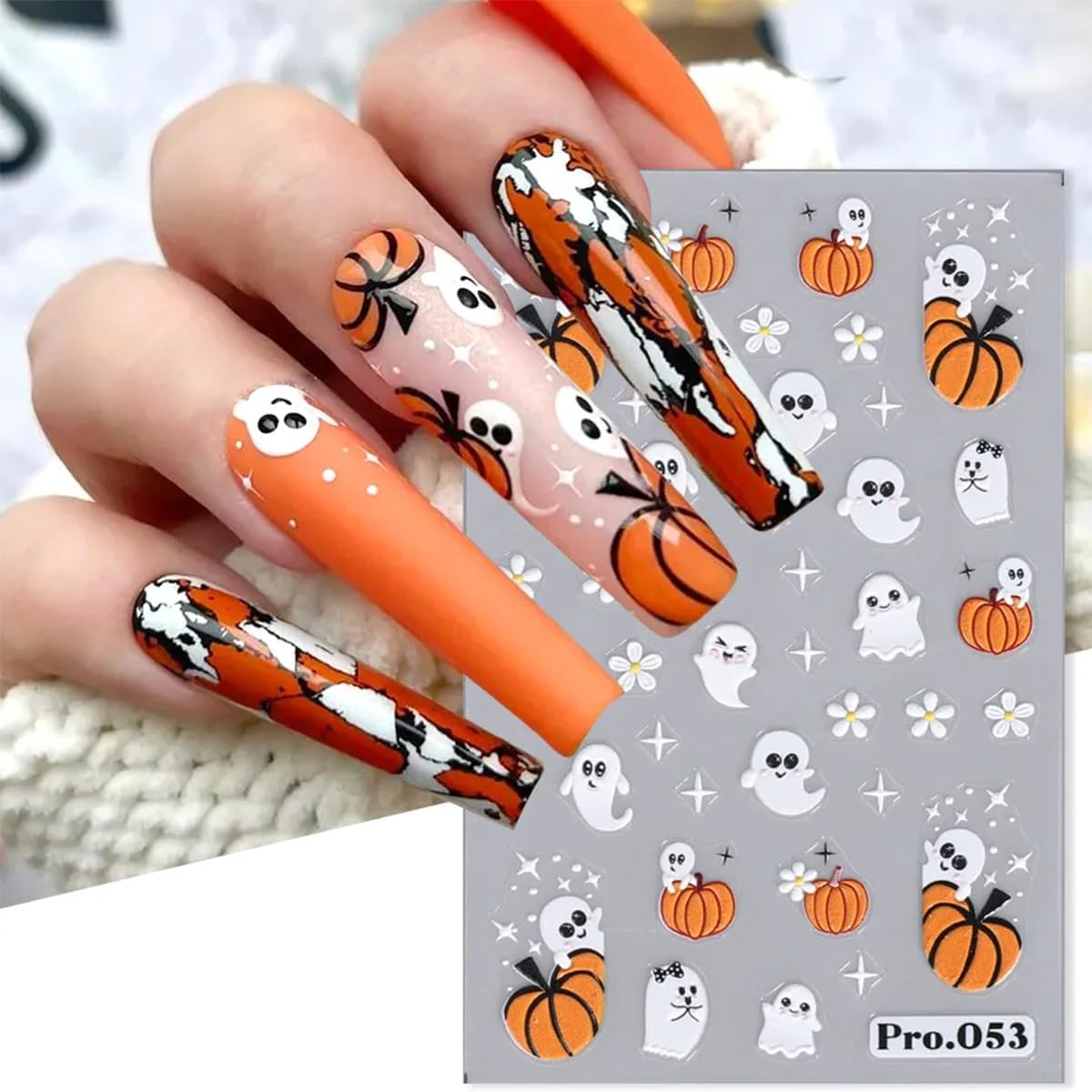 8 hojas de calcomanías de arte de uñas de Halloween, lindas calcomanías de fantasma, calabaza, calavera, gato, espeluznante, diseño de calavera