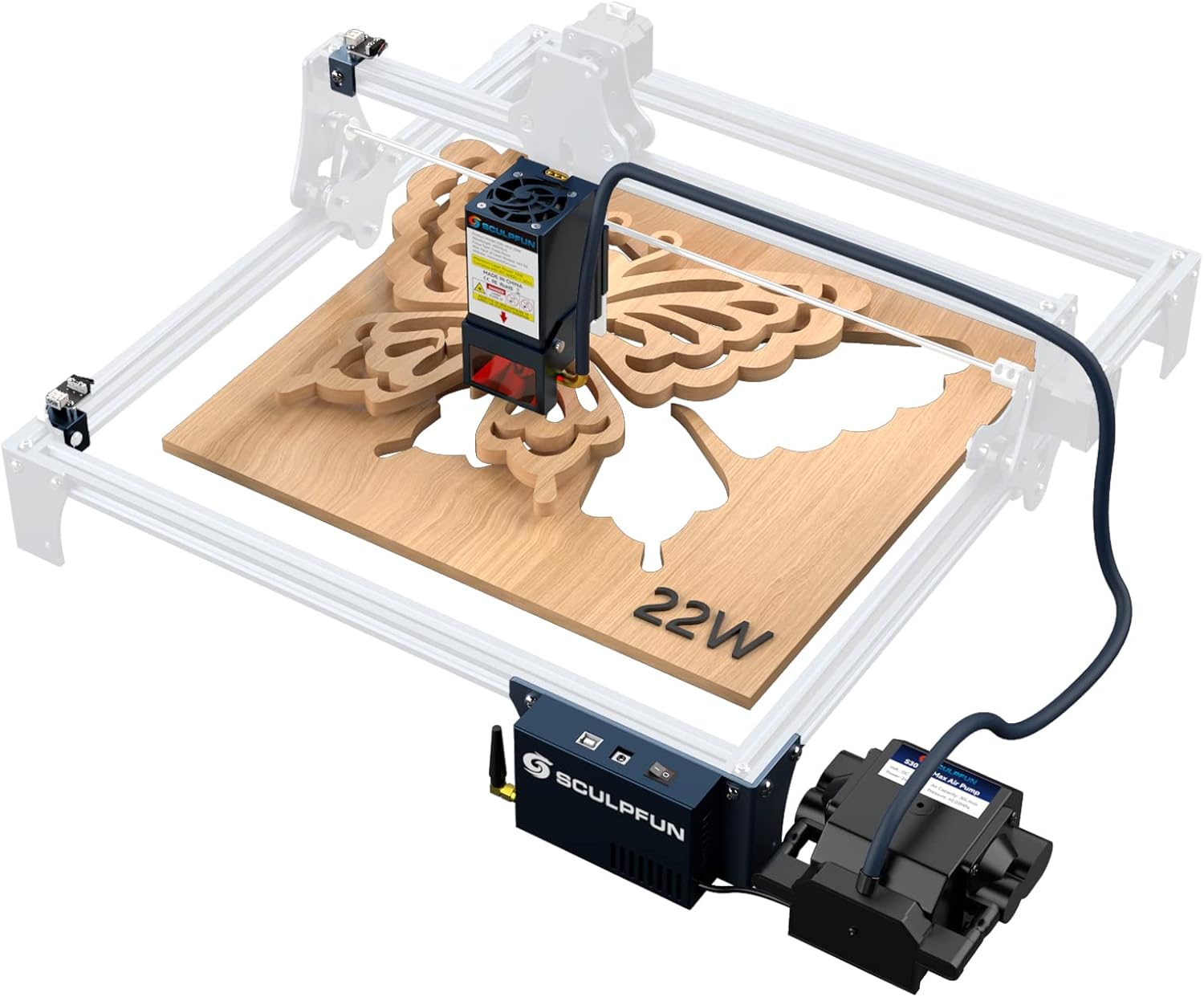 SCULPFUN Módulo láser de actualización S9 22W, bomba de asistencia de aire de control automático con placa base de 32 bits con interruptor de límite
