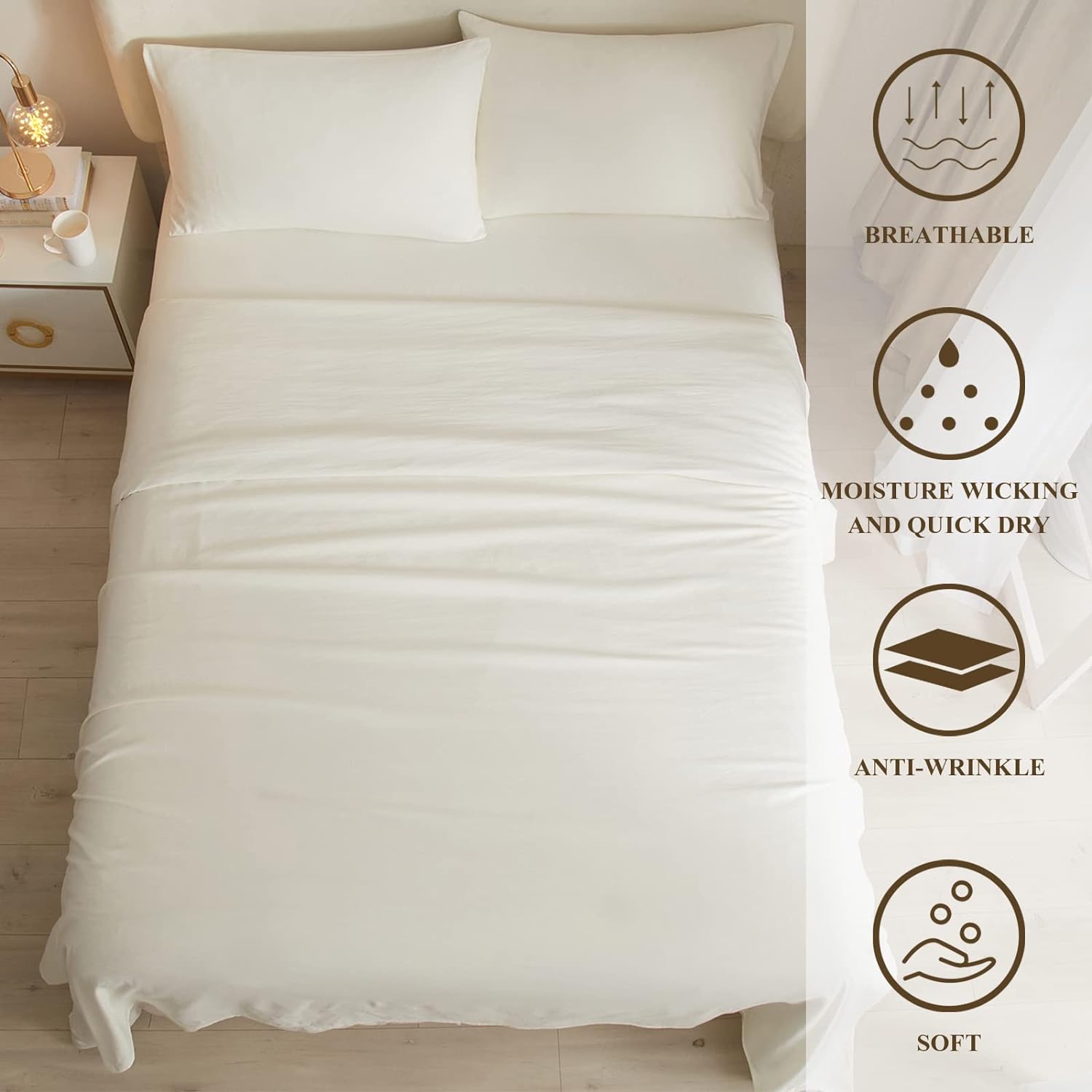 Juego de sábanas refrescantes de 3 piezas de color blanco crema, juego de sábanas y fundas de almohada transpirables, bolsillos profundos de fácil