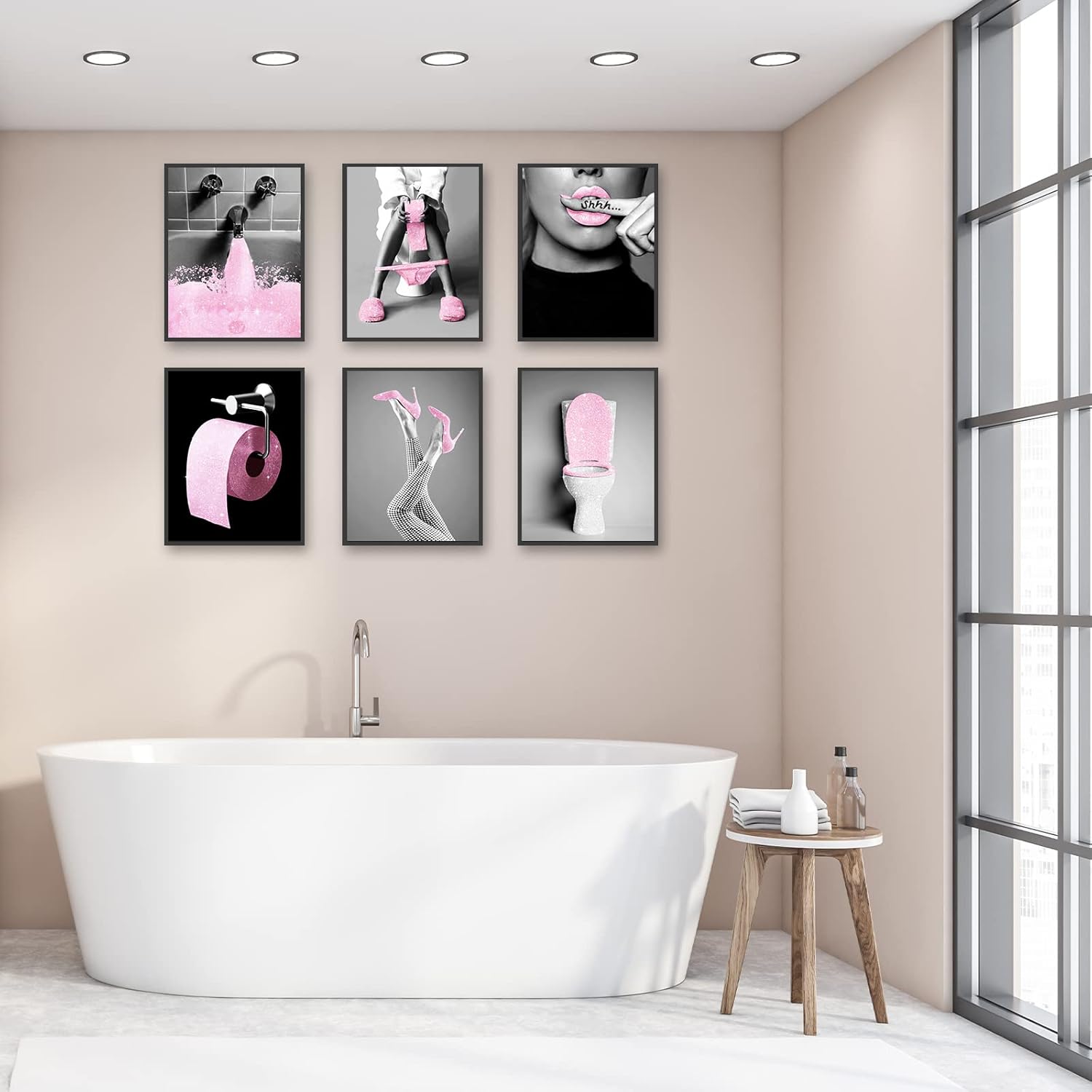 Juego de 6 impresiones artísticas de pared de moda para decoración de baño, pósteres de tela con purpurina glamorosa, fotos, obras de arte de baño,