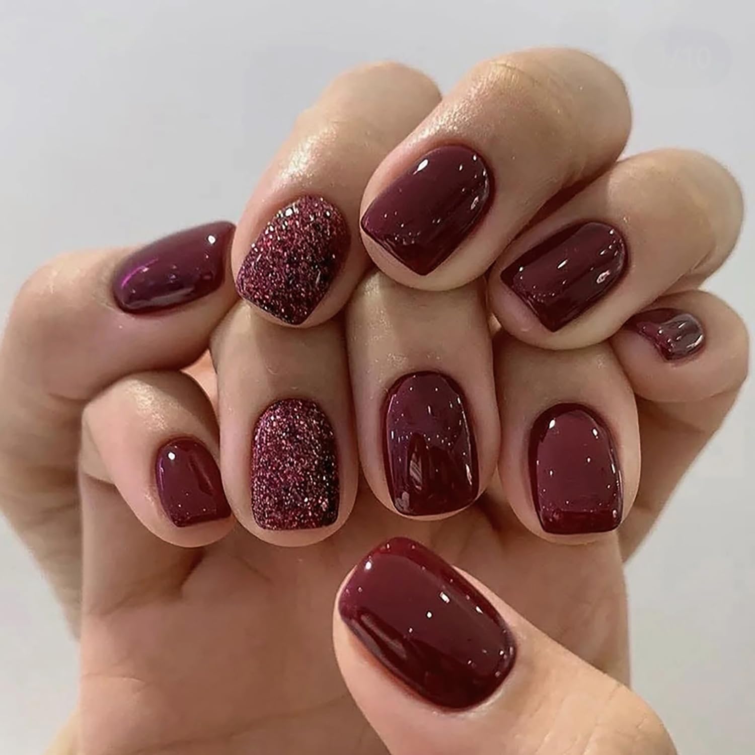 24 uñas postizas cuadradas cortas a presión, color rojo vino, uñas postizas con diseños, uñas acrílicas con purpurina, uñas con pegamento brillante