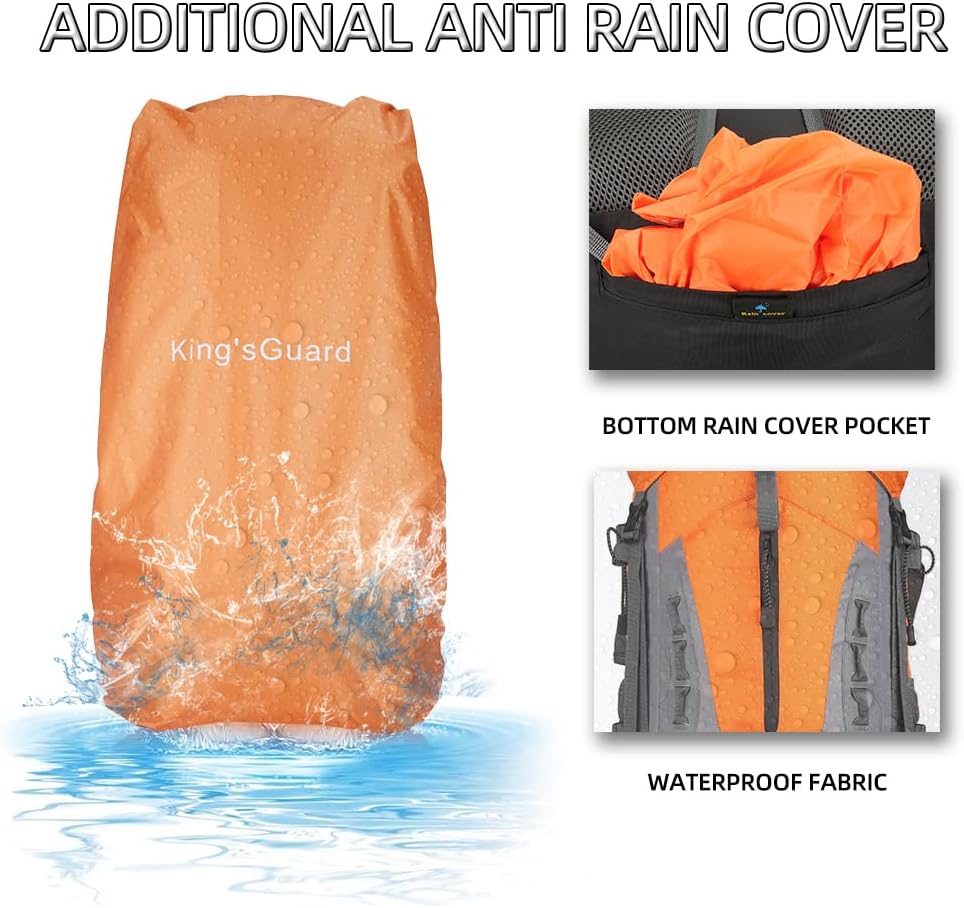 WIYPRQZ Mochila de senderismo ligera impermeable de 60L Mochila deportiva al aire libre con cubierta de lluvia Camping, Naranja, Senderismo