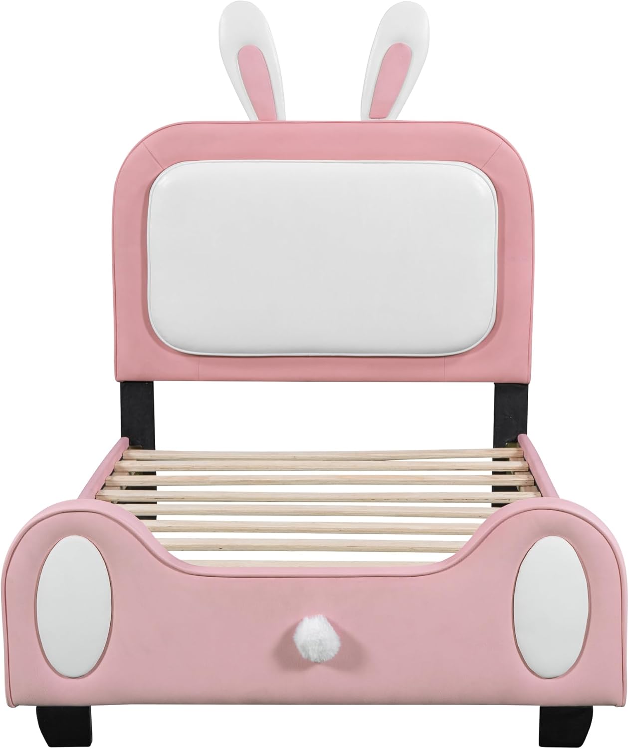 Cama de princesa tapizada en forma de conejo de tamaño individual con cabecero y estribo, plataforma tapizada de piel sintética para niños y