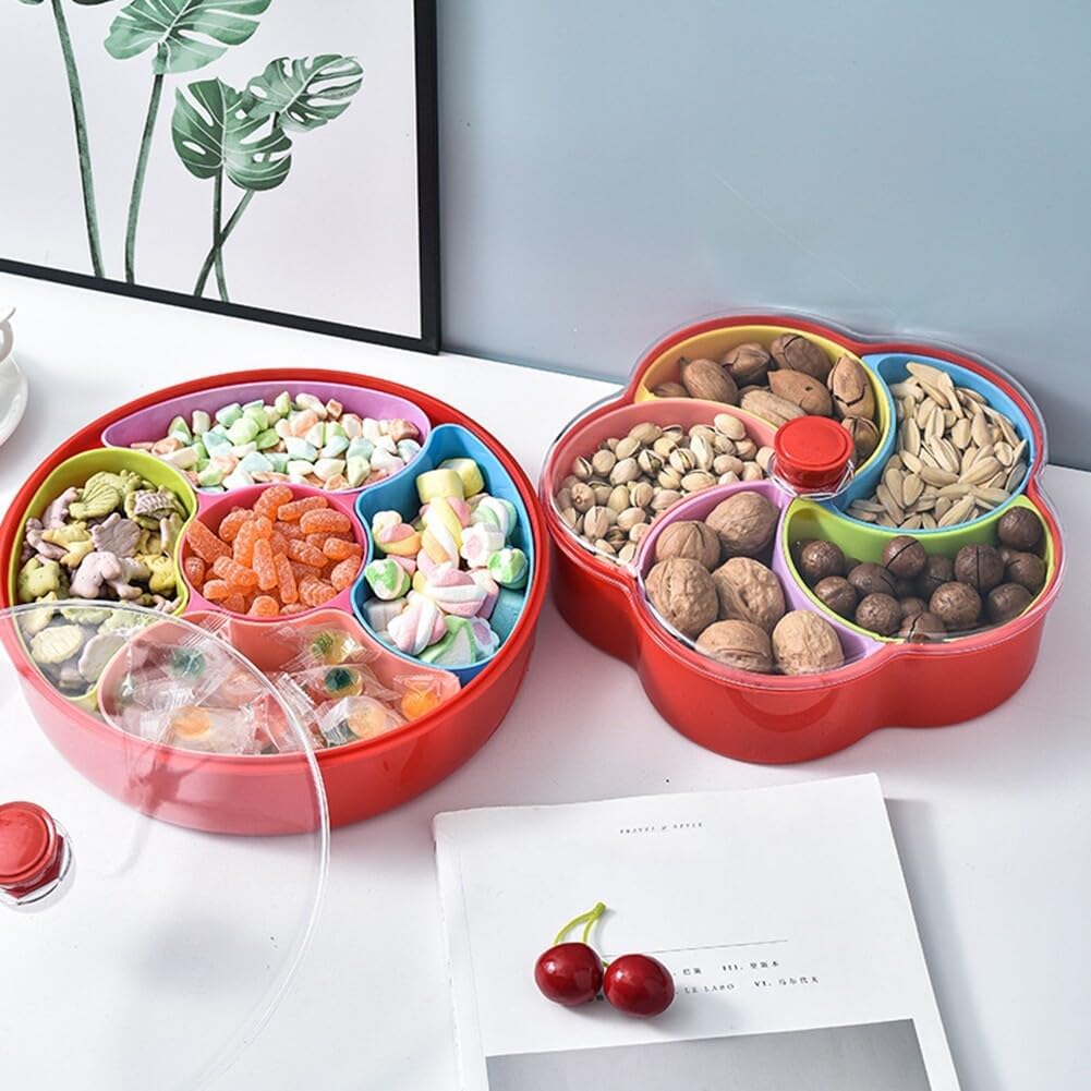 Bandeja de plástico dividida para servir 5 compartimentos, bandeja para servir aperitivos con tapa y asa, platos reutilizables para servir