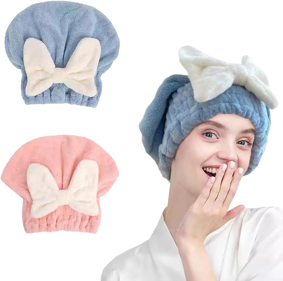 Jenmex Toalla de microfibra para el cabello para mujer, 2 toallas de pelo con pajarita. Toalla de pelo suave y absorbente para secar el cabello