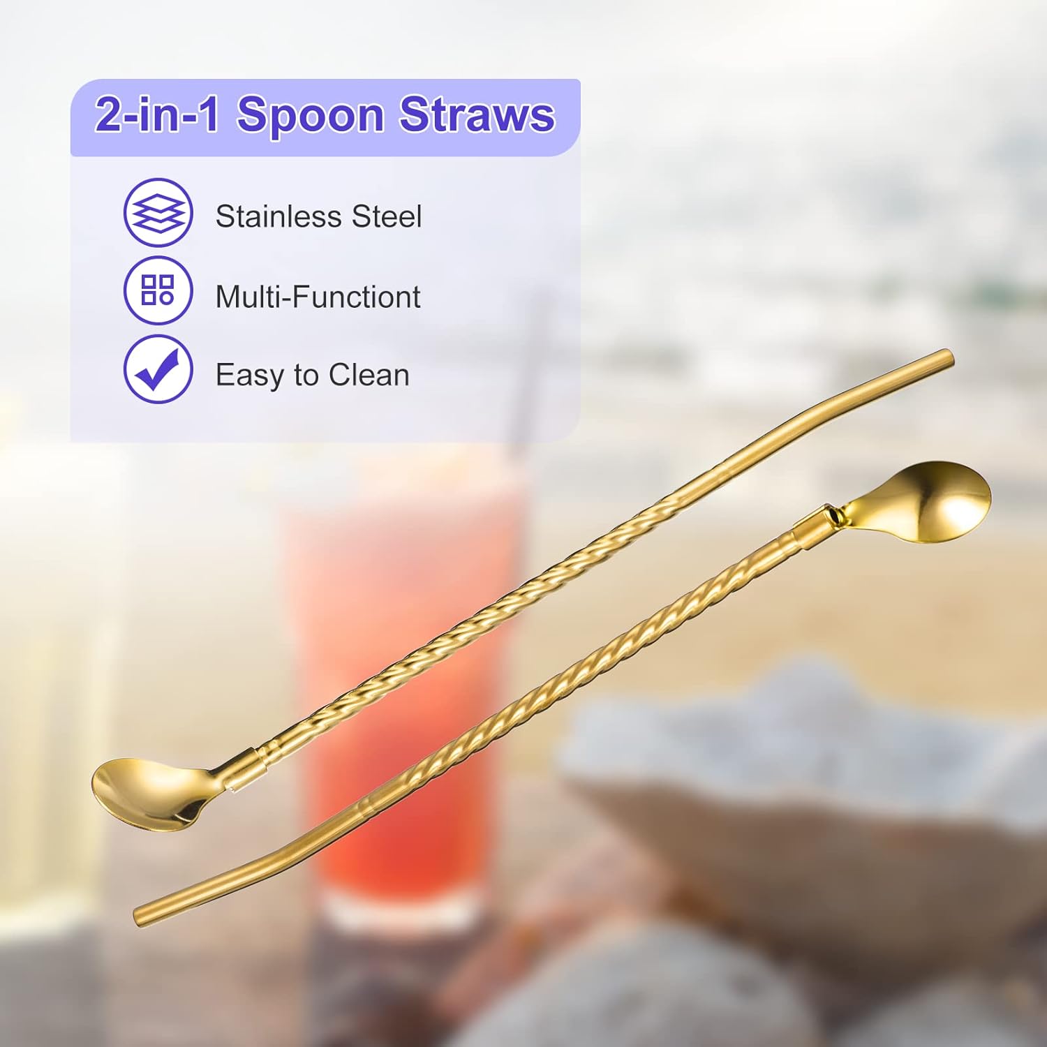 uxcell Pajitas de cuchara de acero inoxidable, 4 pajitas de metal reutilizables de 8.6 pulgadas de mango largo, cucharas para batidos y cócteles,