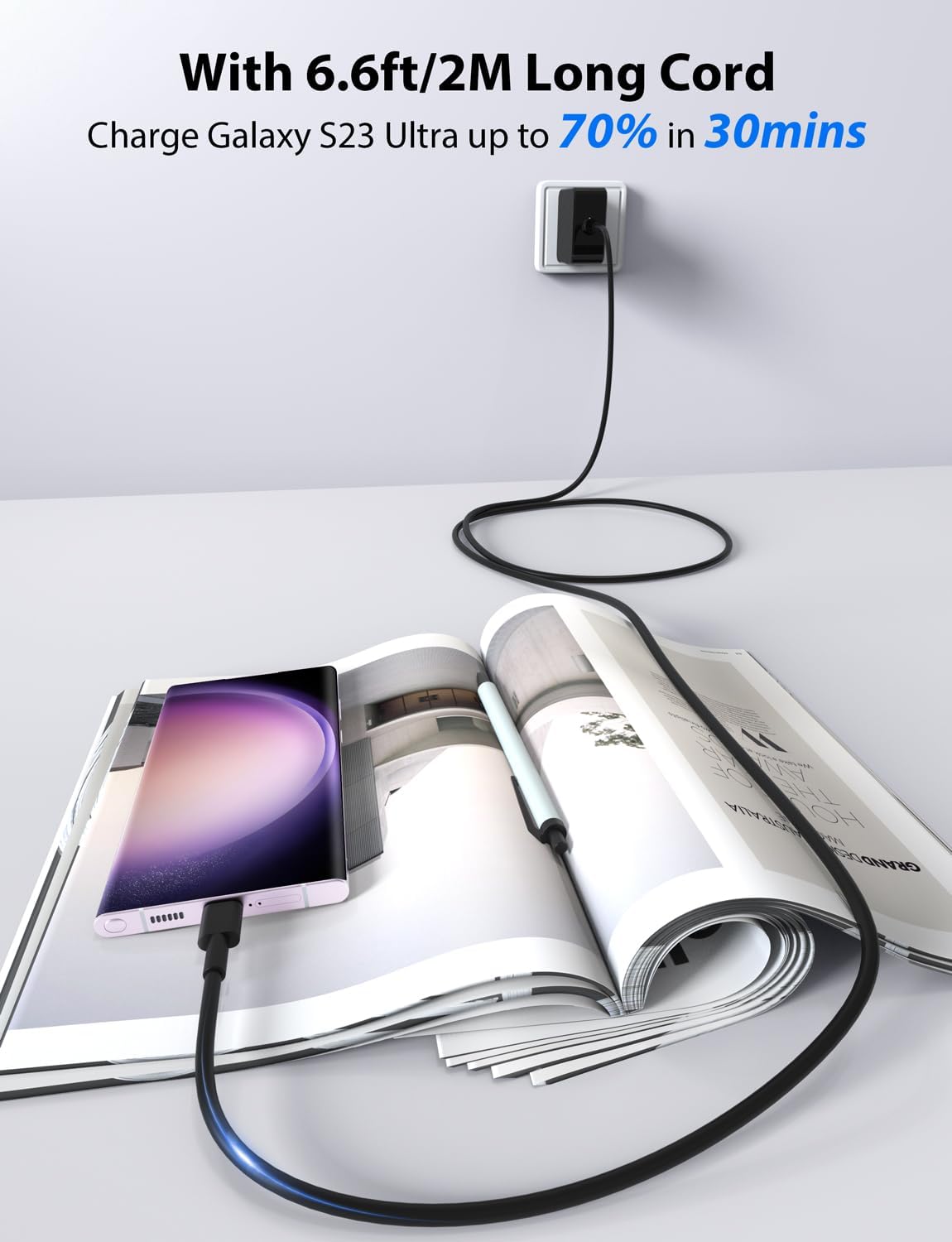 Cargador USB C de 45 W, adaptador de carga súper rápida de 6.6 pies6.6 ft de largo para S23 Ultra, S23+S23, portátil, tableta, cubierta de vapor,