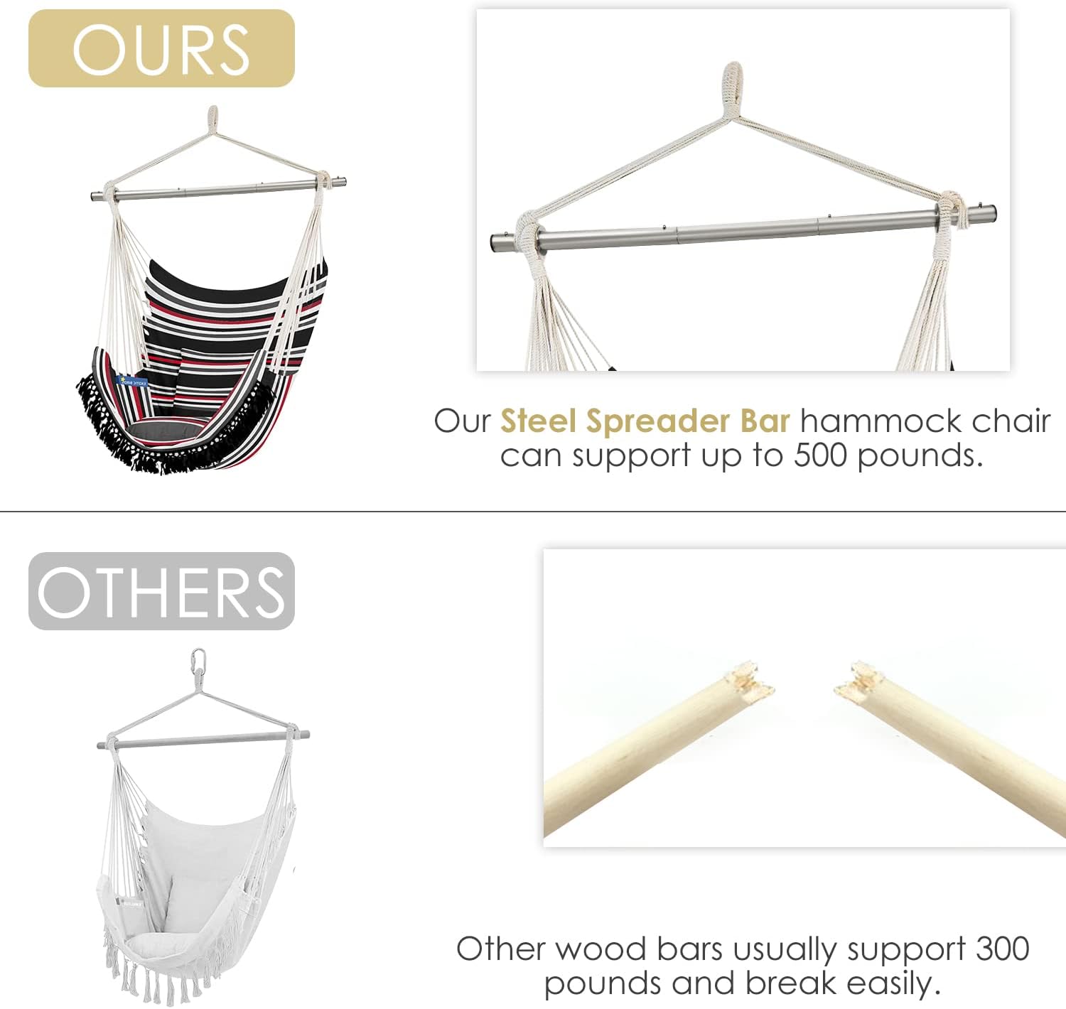 Gold Armour Silla hamaca colgante con cuerda de hasta 500 libras, 2 cojines de asiento incluidos, silla colgante con tejido de algodón de calidad de
