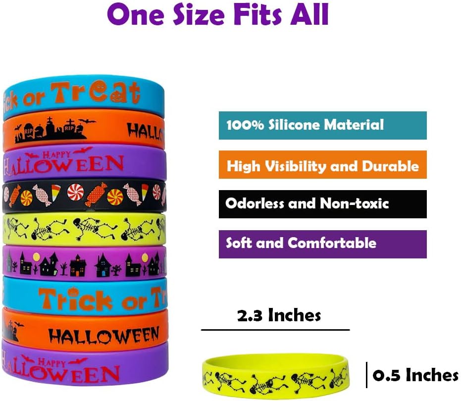 60 pulseras de silicona de Halloween para fiesta, pulsera de goma para regalo de truco o trato, regalos escolares, regalos de devolución, juguetes a