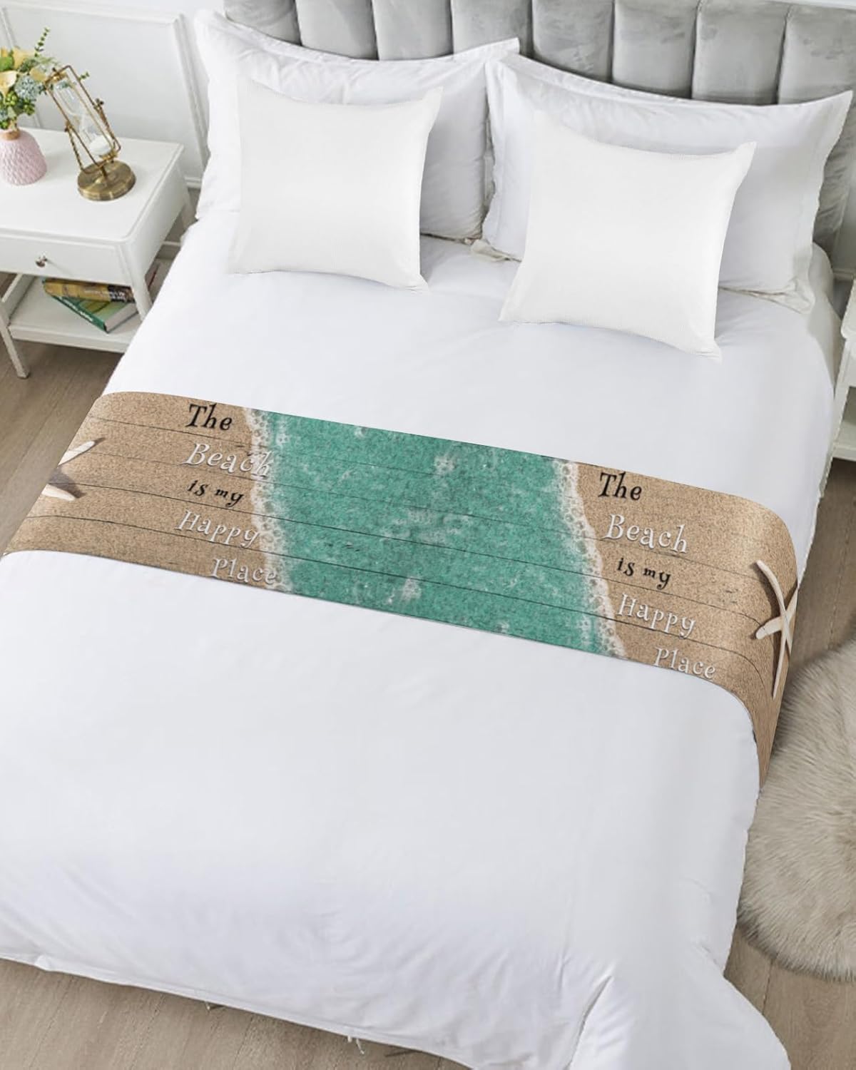 ZFUNCING Caminos de cama con estrellas de mar y conchas del océano costero para dormitorio, hotel, decoración de ropa de cama con texto en inglés