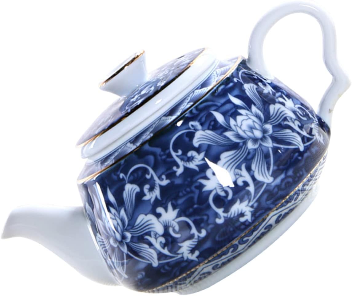 Uonlytech Tetera de porcelana azul y blanca, tetera de cerámica, tetera de viaje, tetera retro, tetera portátil de cerámica con asa, tetera pequeña