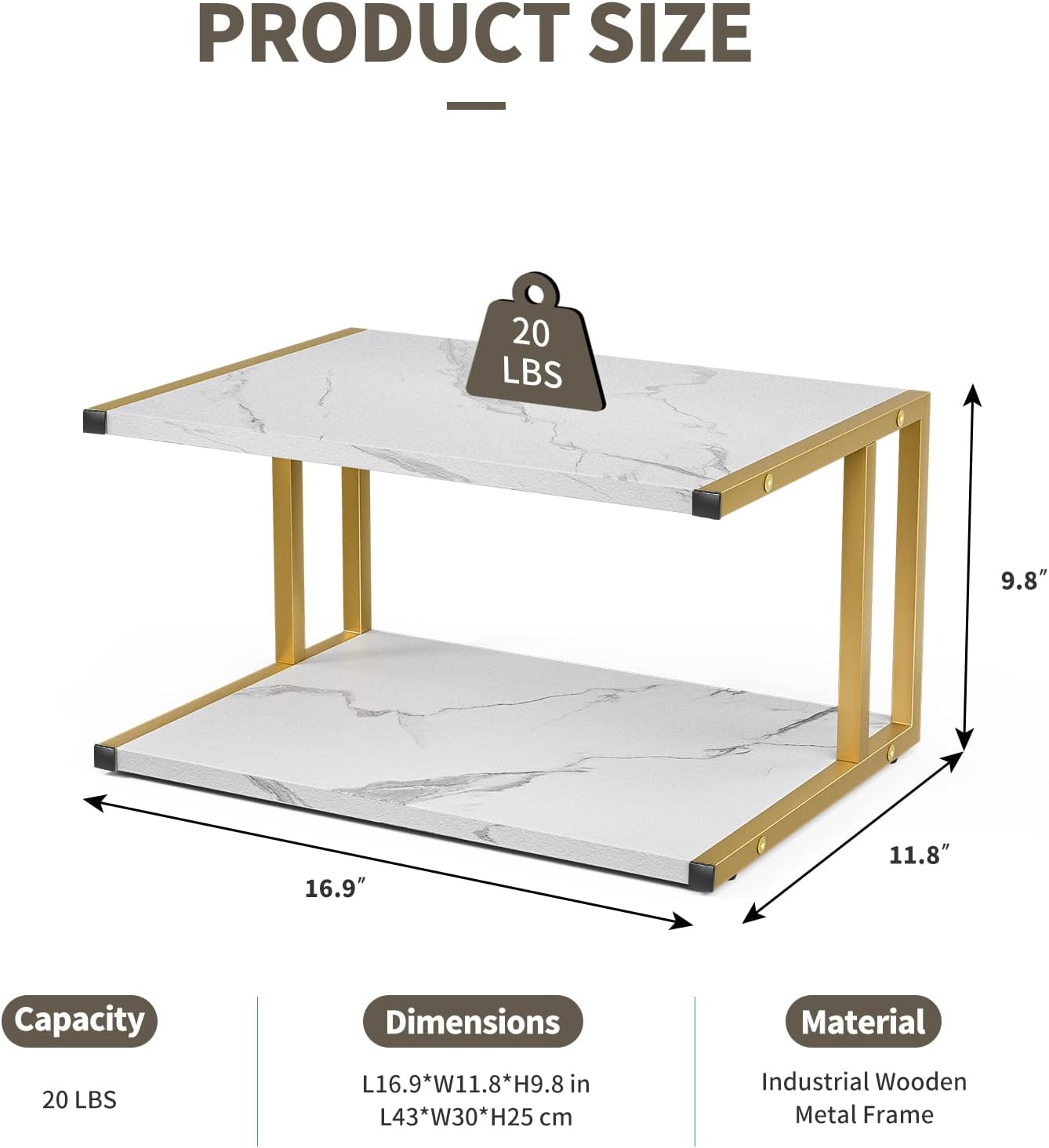 Soporte de impresora de 2 niveles, soporte de impresora de escritorio con marco de metal reforzado, estante de impresora de diseño blanco mármol