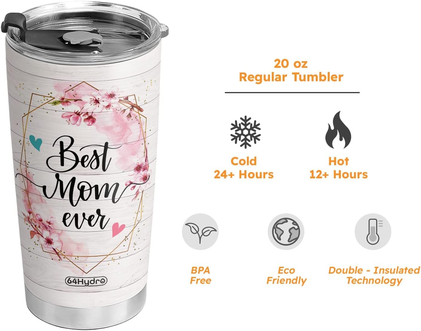 64HYDRO HALZ2911001Z – Vaso de regalo con tapa, doble pared al vacío con aislamiento térmico para mamá la mejor mamá, para mi mamá, para madre, de