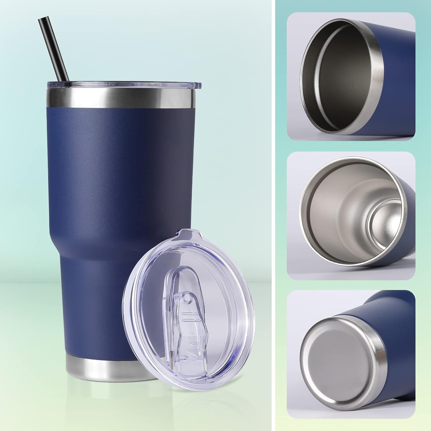 DOMICARE Vaso de 30 oz con tapa y pajita, vasos de acero inoxidable a granel, aislado al vacío de doble pared, taza para café de viaje, vaso