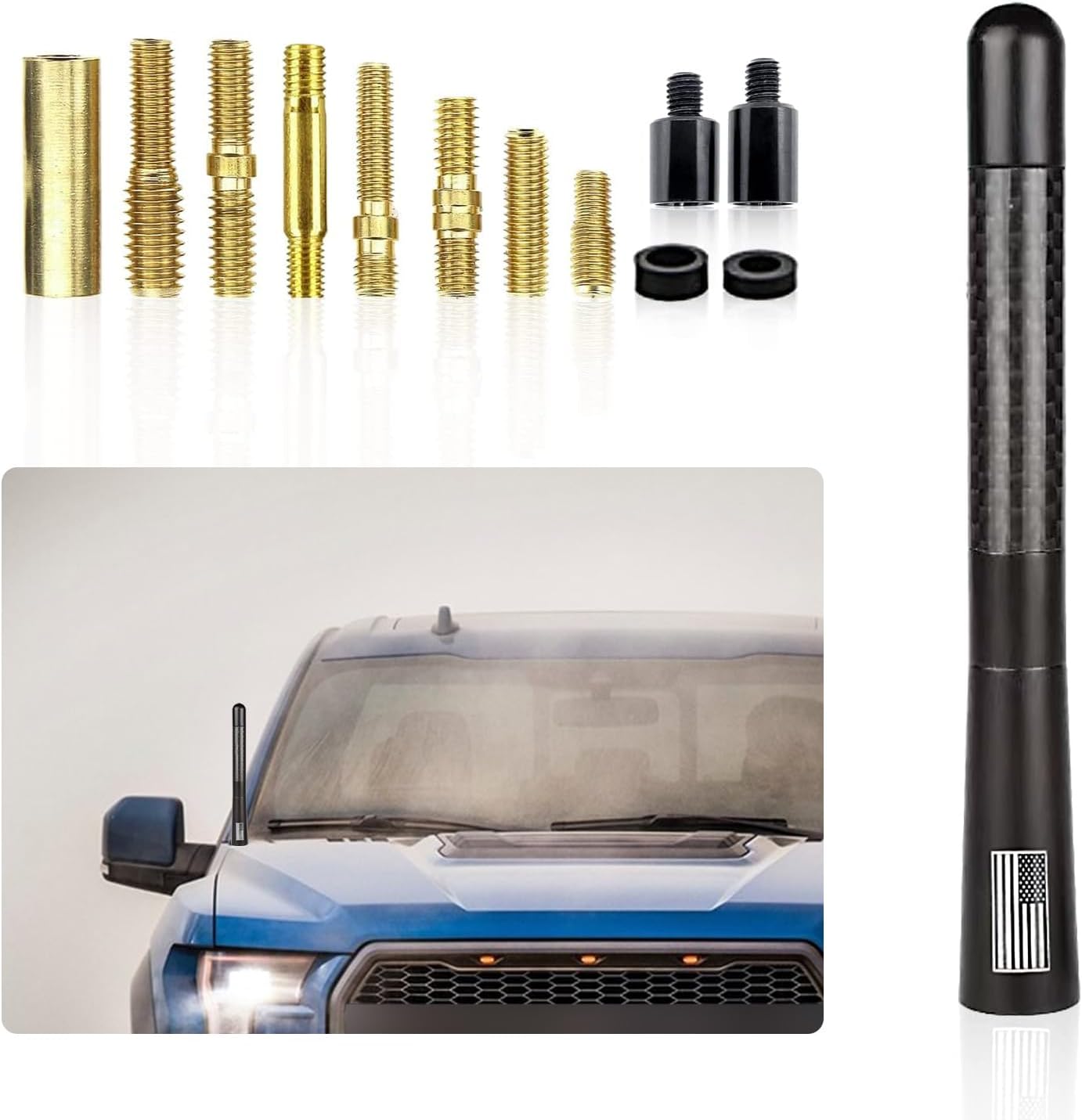 Pack-1 Antena de fibra de carbono para automóvil, bandera estadounidense, antena de radio de automóvil de superficie pulida de 4.72 pulgadas con