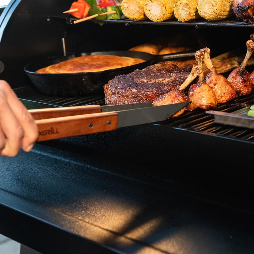 Nexgrill Juego de herramientas de 3 piezas con asas de madera, incluye espátula, palo para asar y pinzas de alta resistencia, acero antiadherente,