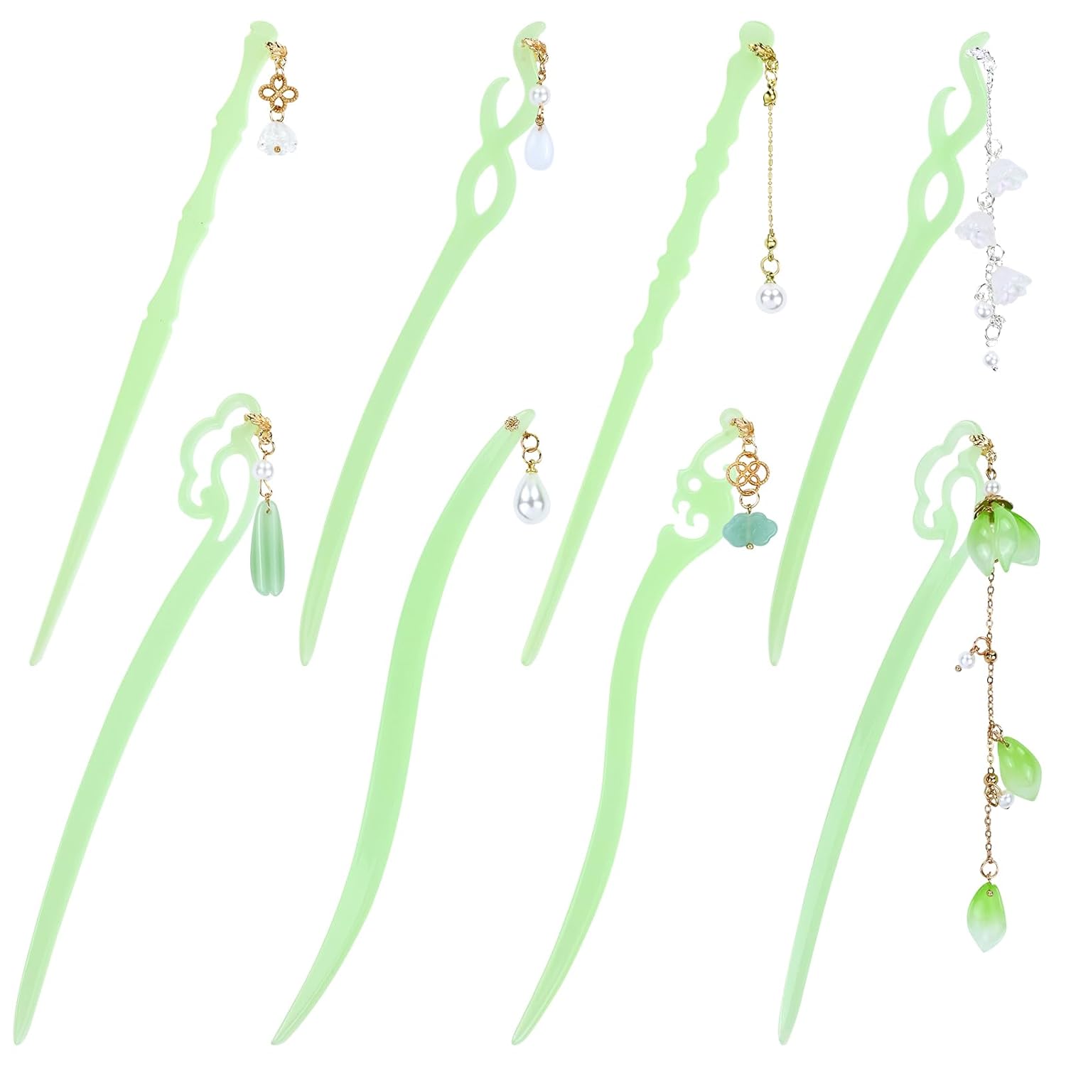 inSowni 8 piezas decorativas vintage retro tradicional asiático chino Hanfu verde falso jade palitos de plástico con colgantes de cuentas de flores,