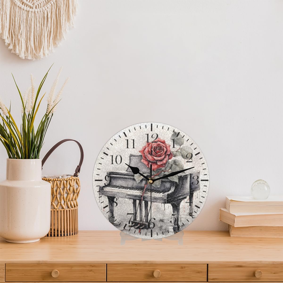 Reloj de pared de piano vintage, silencioso sin tictac, música de rosas, reloj analógico, funciona con pilas, decorativo para sala de estar,
