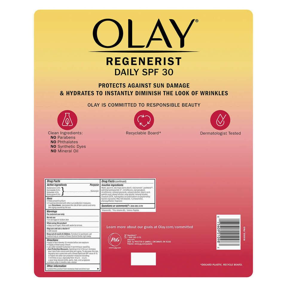 Olay Crema hidratante facial regenerista con protector solar SPF 30 para antienvejecimiento avanzado, 1.7 onzas líquidas (paquete de 2)