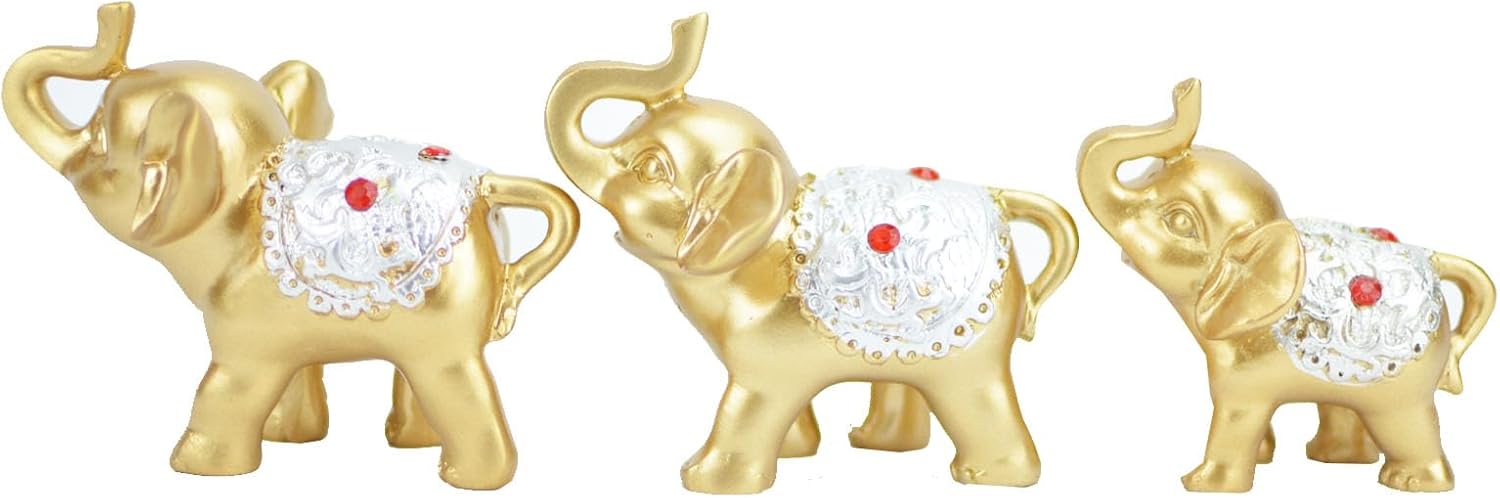 Silverback – Juego de 3 piezas de elefante dorado que trae buena suerte y salud, figuras de elefante Feng Shui para sala de estar, gabinete de vino,