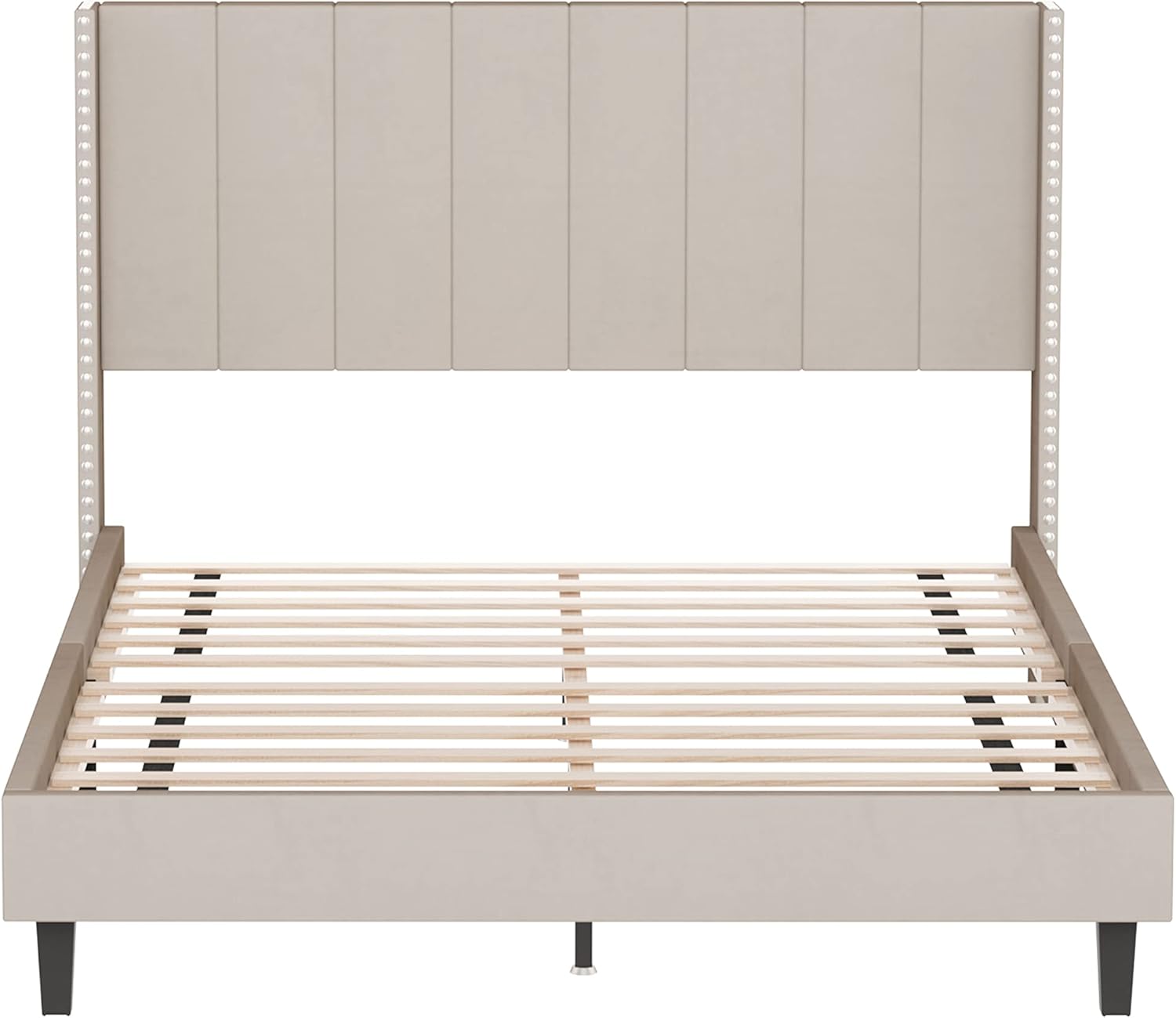 Base de cama de tamaño matrimonial con cabecera capitoné de canal, base de colchón de listones de madera fuertes, antideslizante y sin ruido, marcos