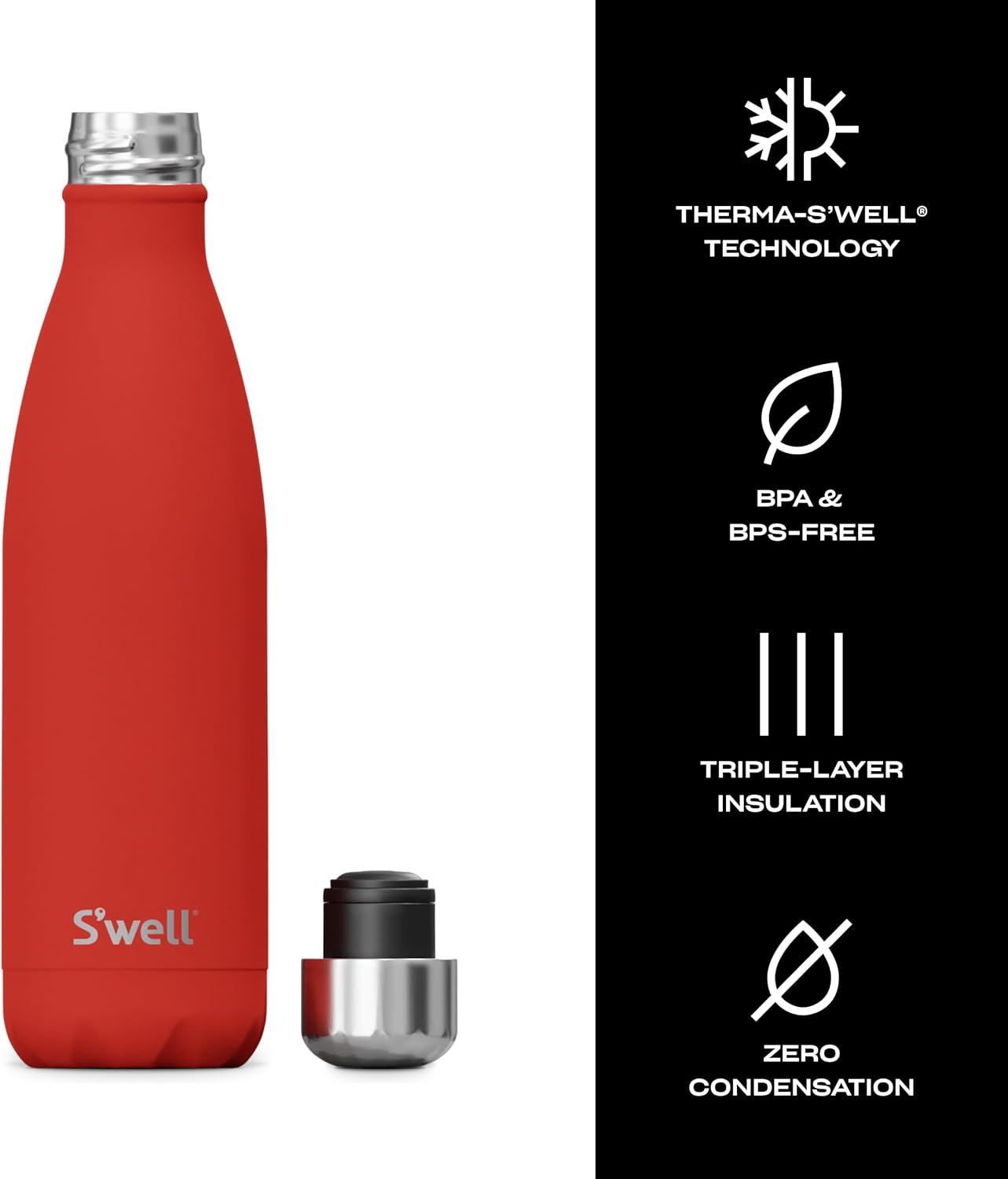 S’well Botella de agua de acero inoxidable, 17 onzas, color rojo amapola, recipientes aislados al vacío de triple capa que mantiene las bebidas