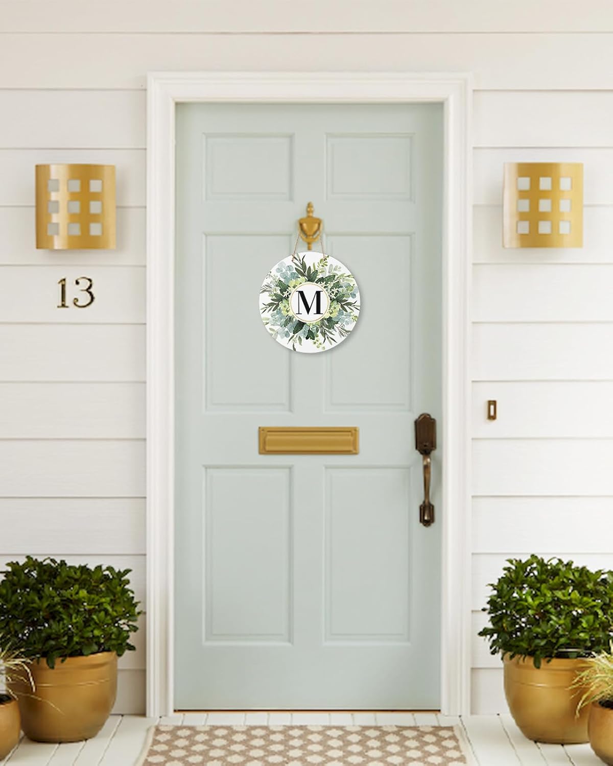 Letrero de bienvenida para decoración de puerta delantera, frontones de pared, monograma, letra M, acuarela, eucalipto, primavera, verano, rural, de