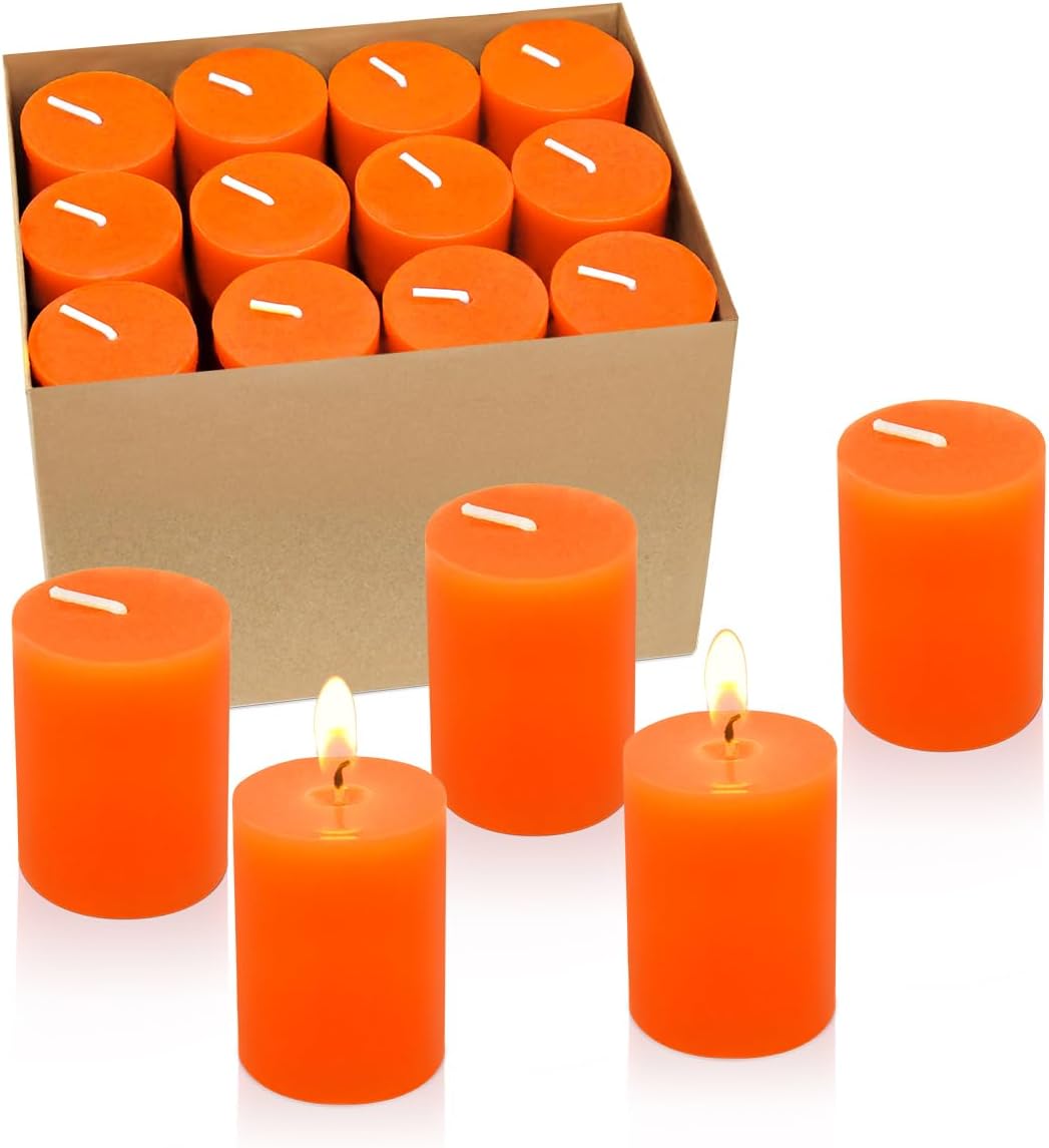 Velas votivas naranjas de 12 horas, velas de cera sin perfume de 2.0 pulgadas para bodas, fiestas, vacaciones y hogar, 24 paquetes