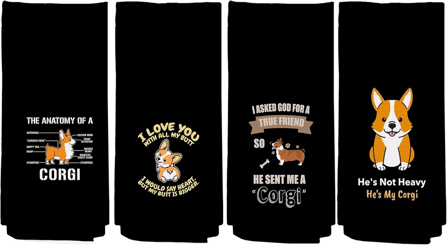 NEGIGA Juego de 4 paños de cocina de Corgi de dibujos animados de 24 x 16 pulgadas, divertidos paños de mano decorativos para dormitorio, cocina,