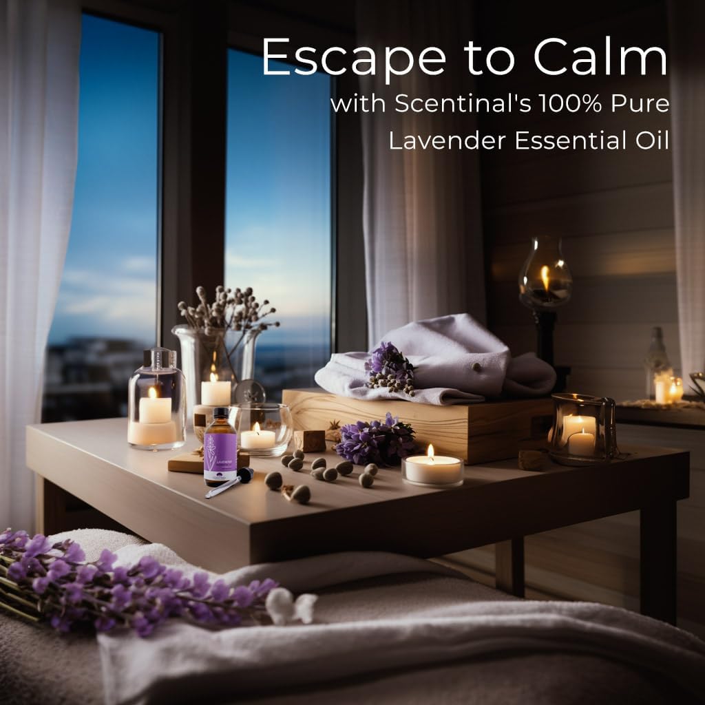 Aceite esencial de lavanda Scentinal  100% puro, natural y sin diluir  Botella extragrande de 4 onzas (4.1 fl oz) con cuentagotas  Experiencia