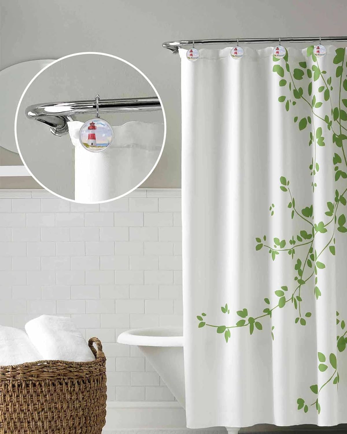 Juego de 12 ganchos para cortina de ducha, diseño retro de cristal de agua rojo y blanco, anillos de cortina de ducha para baño, decorativos de
