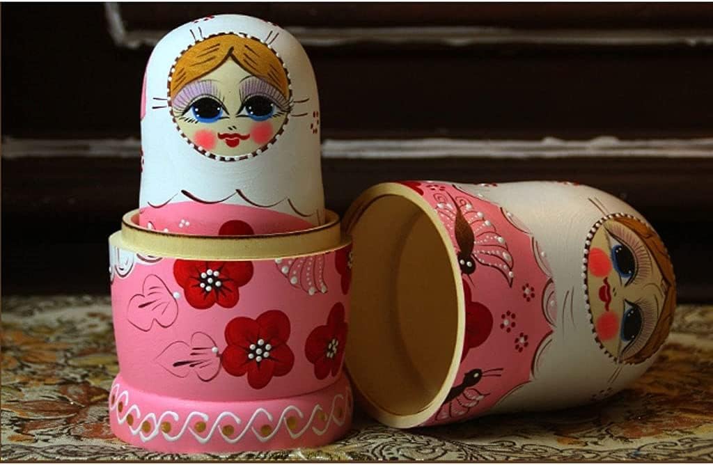 OLOTU Juego de 10 muñecas rusas de anidación con flores rojas con mariposa hechas a mano de madera apilables, juego de juguetes coleccionables