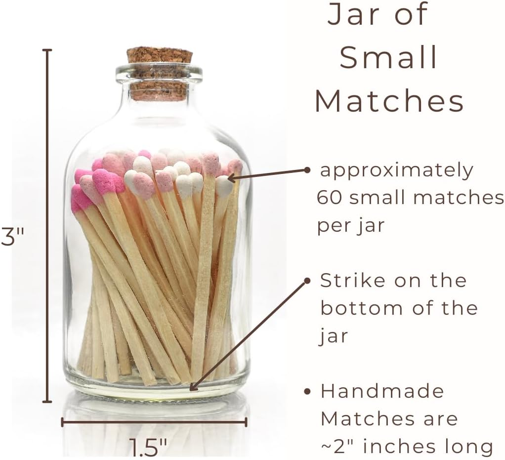 Shades of Pink Tip – Fósforos decorativos  Más de 60 fósforos pequeños de seguridad de madera premium en tarro de vidrio con golpeador en la parte