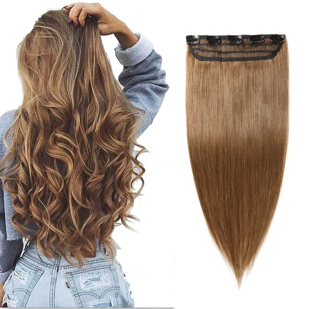Extensiones de cabello con clip, cabello humano Remy, extensiones de cabello largo lacio de una pieza con 5 clips, con gancho para colgar