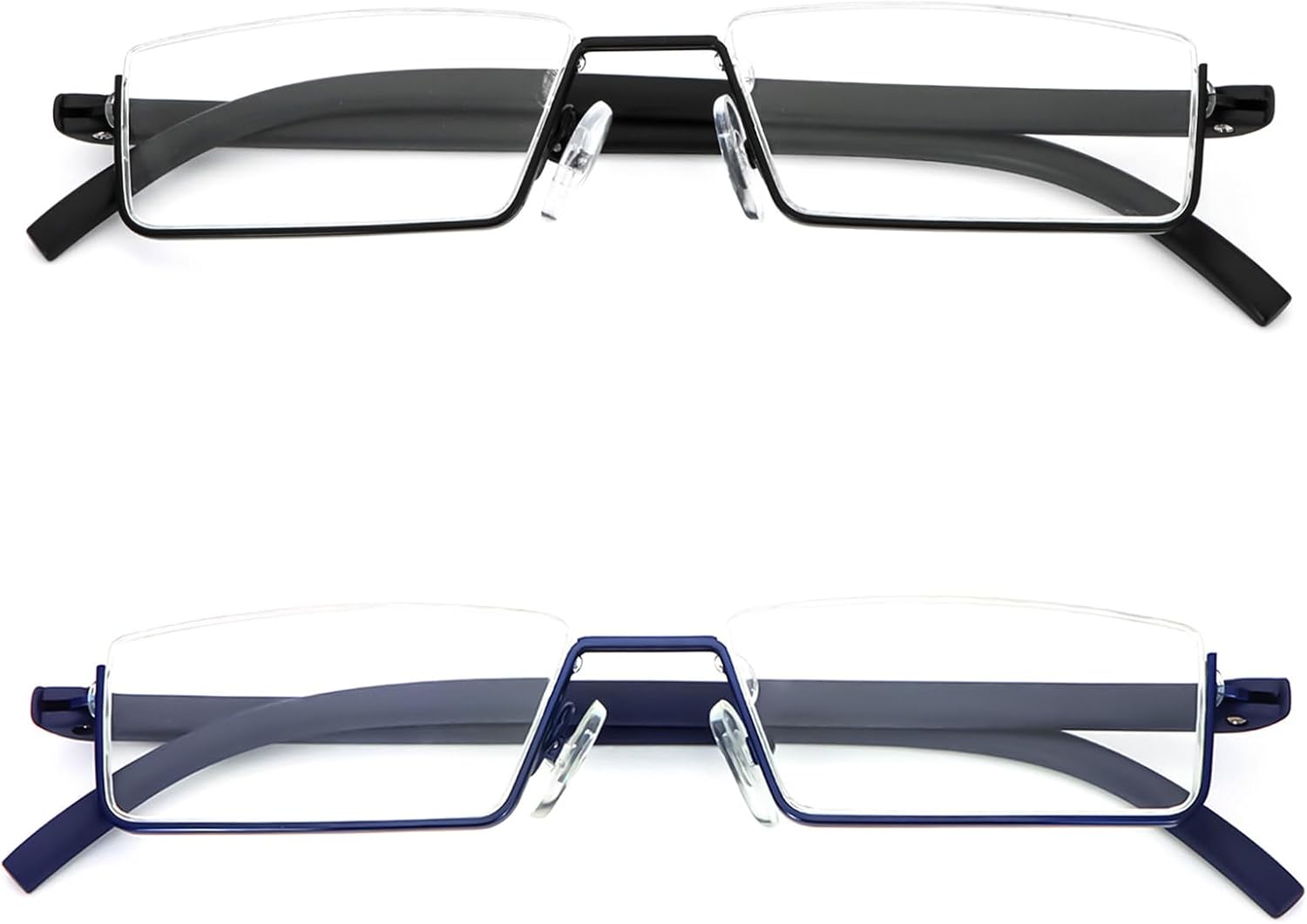 REAVEE Paquete de 2 lentes de lectura de medio marco para hombres y mujeres, media lente de metal, ligeros, portátiles con funda, negro y azul +1.25