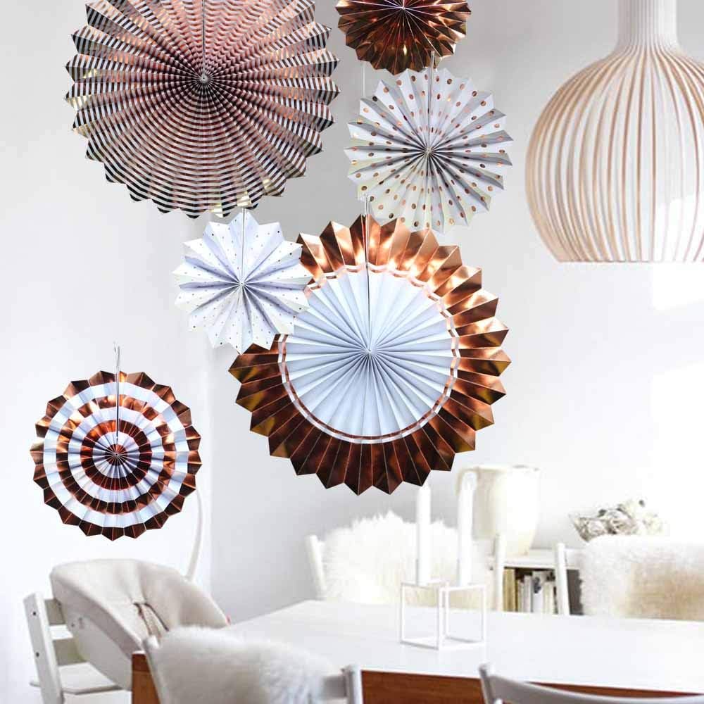 Abanicos de papel de oro rosa para bodas, cumpleaños, carnaval, decoración de fiesta de bienvenida, oro rosa, juego de 6