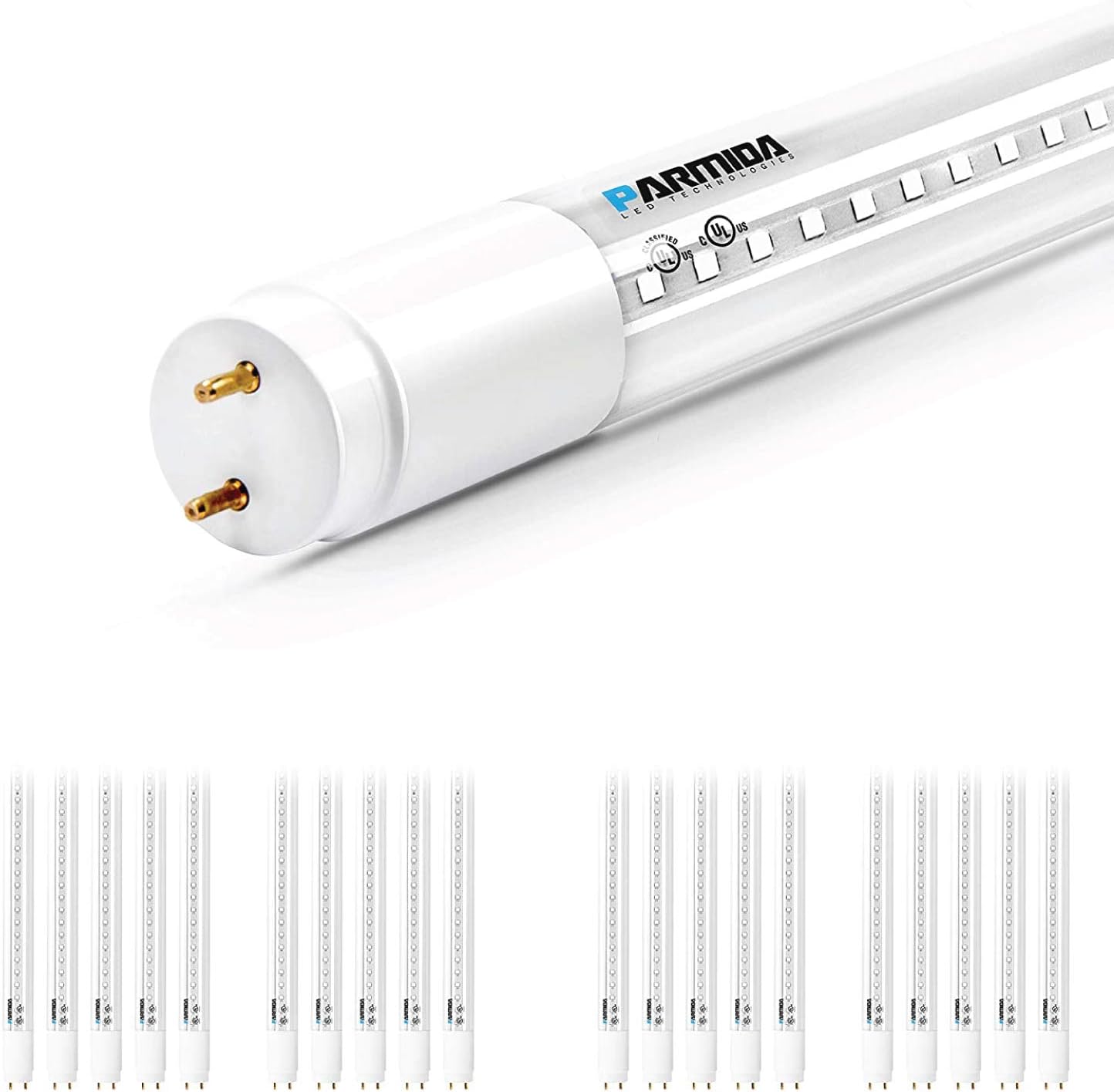 PARMIDA – Paquete de 20 tubos de luz LED T8 híbridos tipo A+B, 4 pies, 18 W (reemplazo de 40 W), cubierta transparente, alimentación de extremo