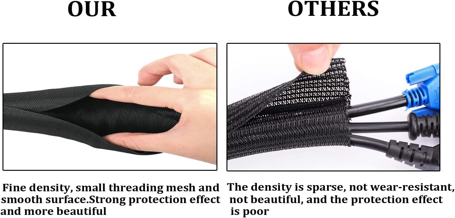 Mangas de gestión de cables trenzados, color negro, protector de cable de tubería de telar de alambre, autoenvoltura (12 “-20 pies)
